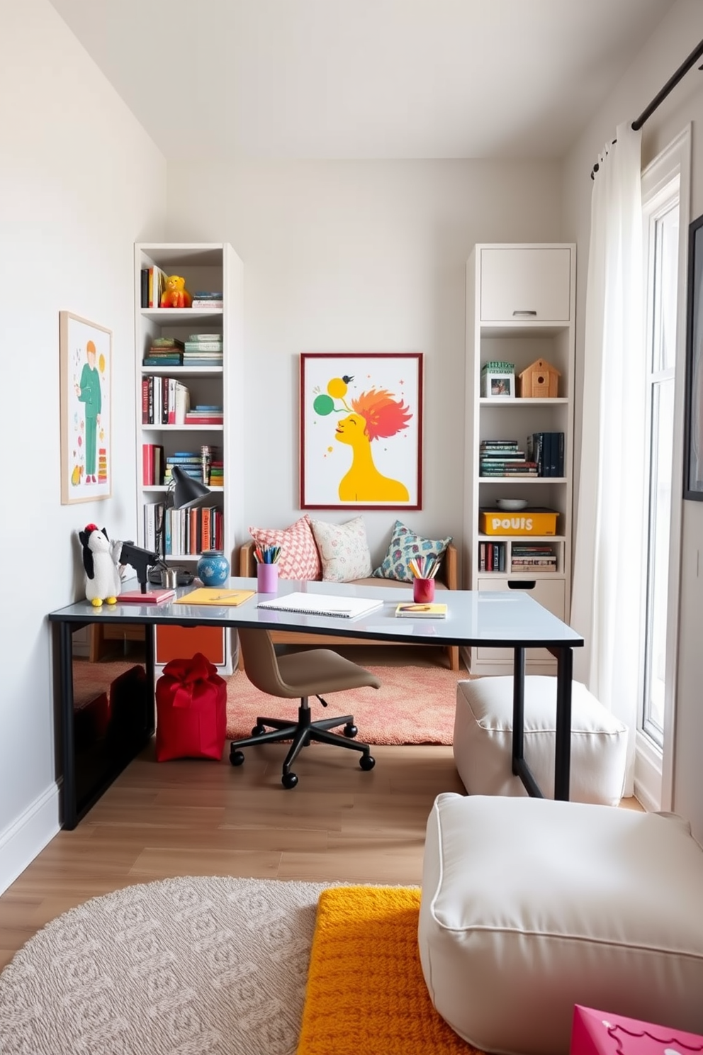 A stylish desk is positioned against a wall, featuring a sleek design with a glossy finish and playful accents like colorful stationery and quirky desk accessories. The surrounding space blends a home office and playroom, with a cozy reading nook and vibrant artwork adorning the walls. Soft, comfortable seating invites relaxation, while a bright rug adds warmth to the area. Shelves filled with books and toys create an inspiring atmosphere, making it a perfect blend of productivity and fun.