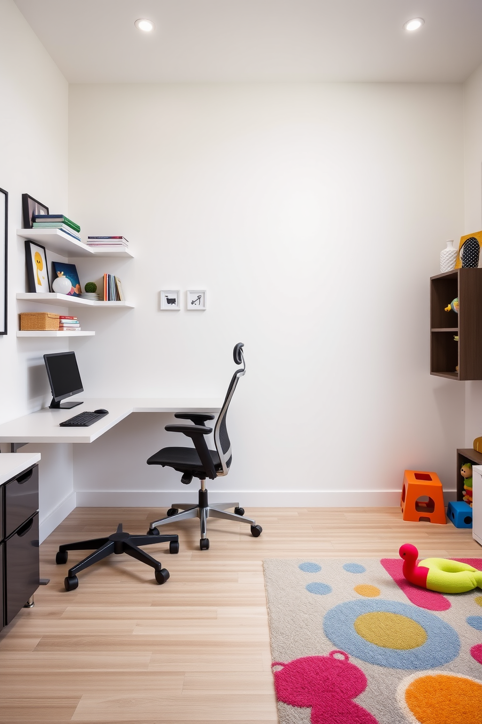 A modern home office and playroom combination featuring wall-mounted shelves for easy access. The workspace includes a sleek desk with a comfortable ergonomic chair, while the play area is adorned with colorful rugs and playful decor.