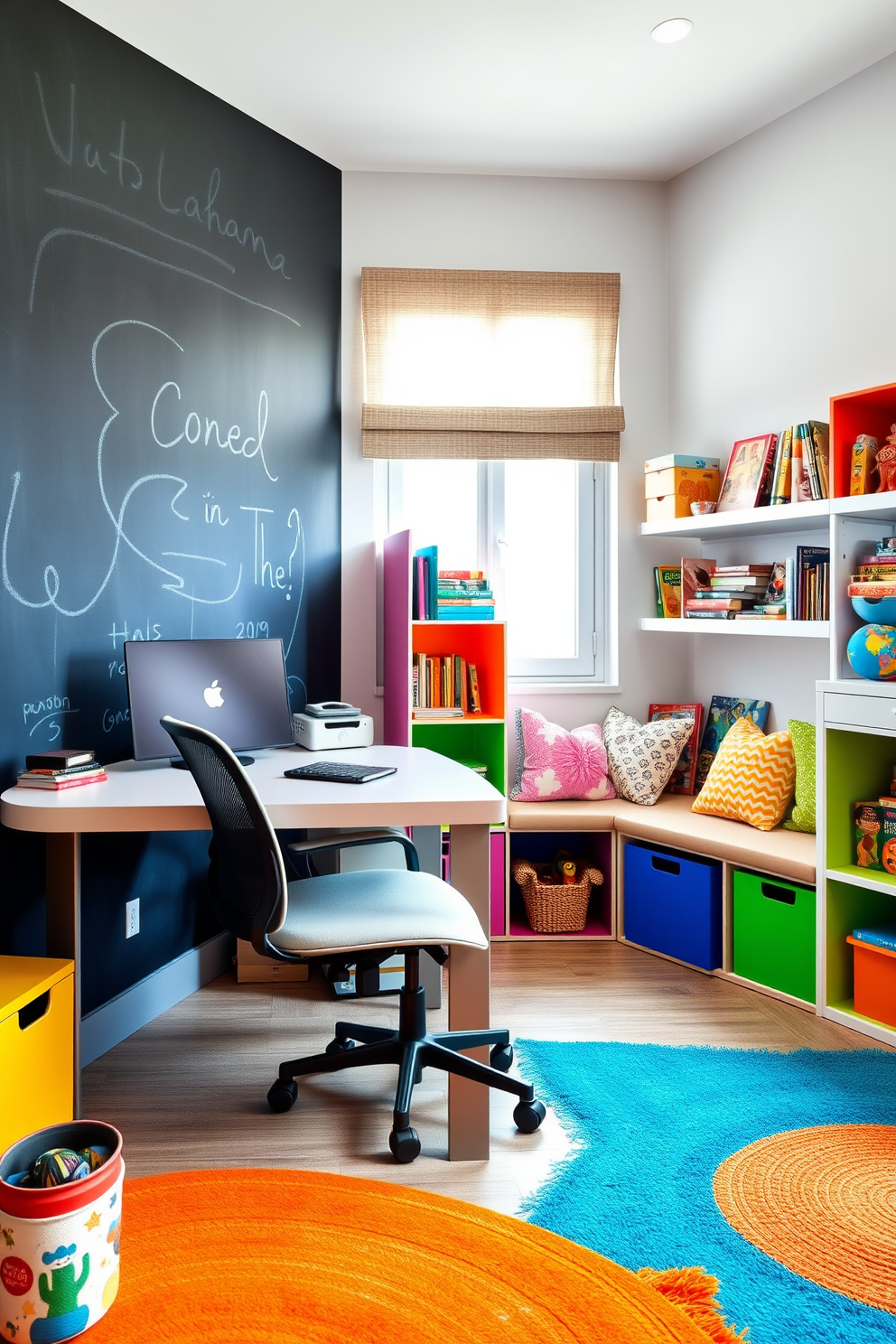 A vibrant chalkboard wall fills one side of the room, inviting creativity and playfulness for kids. The home office area features a sleek desk with a comfortable ergonomic chair, seamlessly integrated with colorful storage solutions for toys and art supplies. The playroom includes a cozy reading nook with plush cushions and shelves filled with books and games. Brightly colored rugs define the play areas, creating a fun and functional space that encourages both work and play.