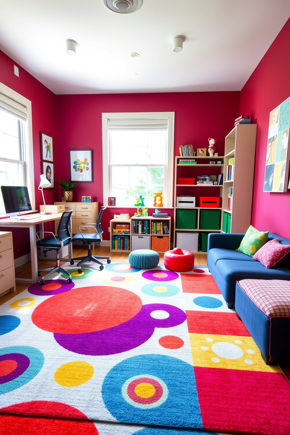 A playful rug with vibrant colors and fun patterns anchors the space, adding a sense of whimsy. The home office features a sleek desk and ergonomic chair, while the playroom area is filled with soft cushions and engaging toys. Bright wall art and shelving units display books and games, creating an inviting atmosphere. Natural light floods in through large windows, enhancing the cheerful ambiance of this multifunctional room.