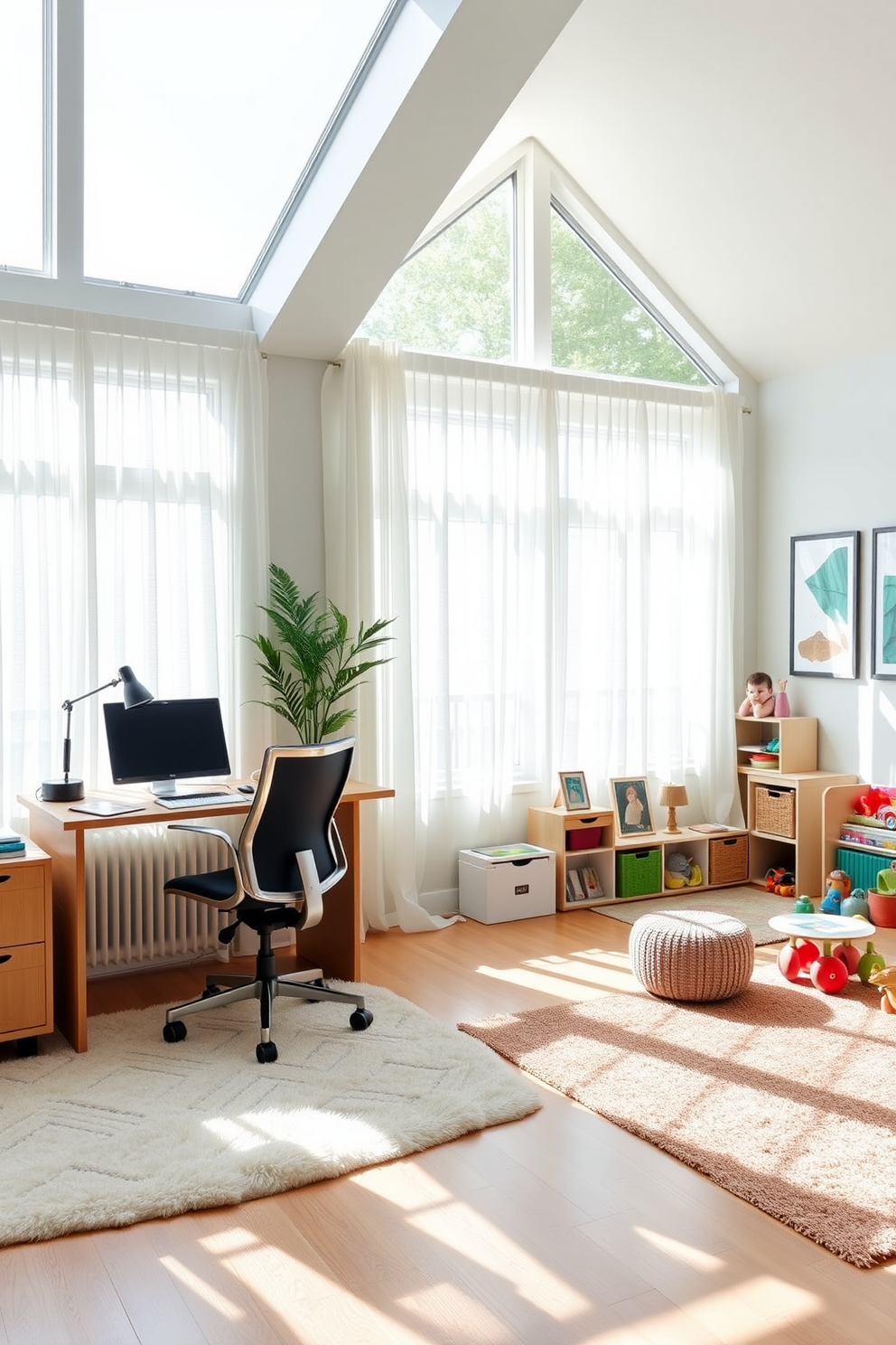 A bright and airy home office and playroom combo features large windows that flood the space with natural light. Sheer white curtains gently filter the sunlight, creating a warm and inviting atmosphere. The office area includes a sleek wooden desk paired with a comfortable ergonomic chair, while the playroom is filled with colorful toys and a cozy reading nook. Soft area rugs define each space, adding warmth and texture to the overall design.