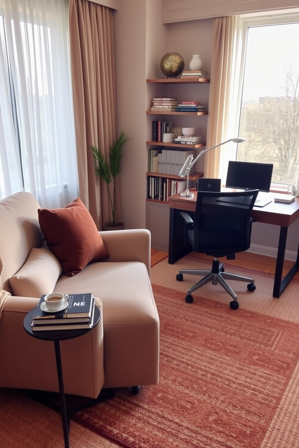 Cozy reading nook by the window. There is a plush armchair upholstered in soft fabric, positioned next to a large window with sheer curtains that allow natural light to filter in. A small side table holds a stack of books and a steaming cup of tea. The floor is covered with a warm, textured rug that adds comfort to the space. Home Office with Carpet Design Ideas. The office features a sleek wooden desk facing the window, complemented by an ergonomic chair in a modern design. A patterned area rug adds color and warmth to the room, while shelves lined with books and decorative items create an inviting atmosphere.