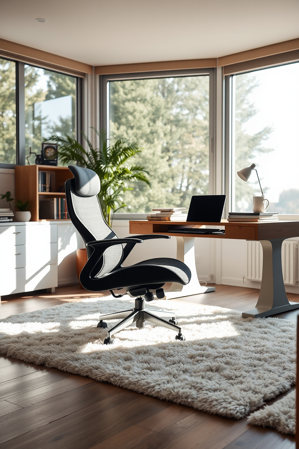 A modern home office featuring an ergonomic chair positioned on a soft, plush rug. The space is illuminated by natural light streaming through large windows, creating a warm and inviting atmosphere.