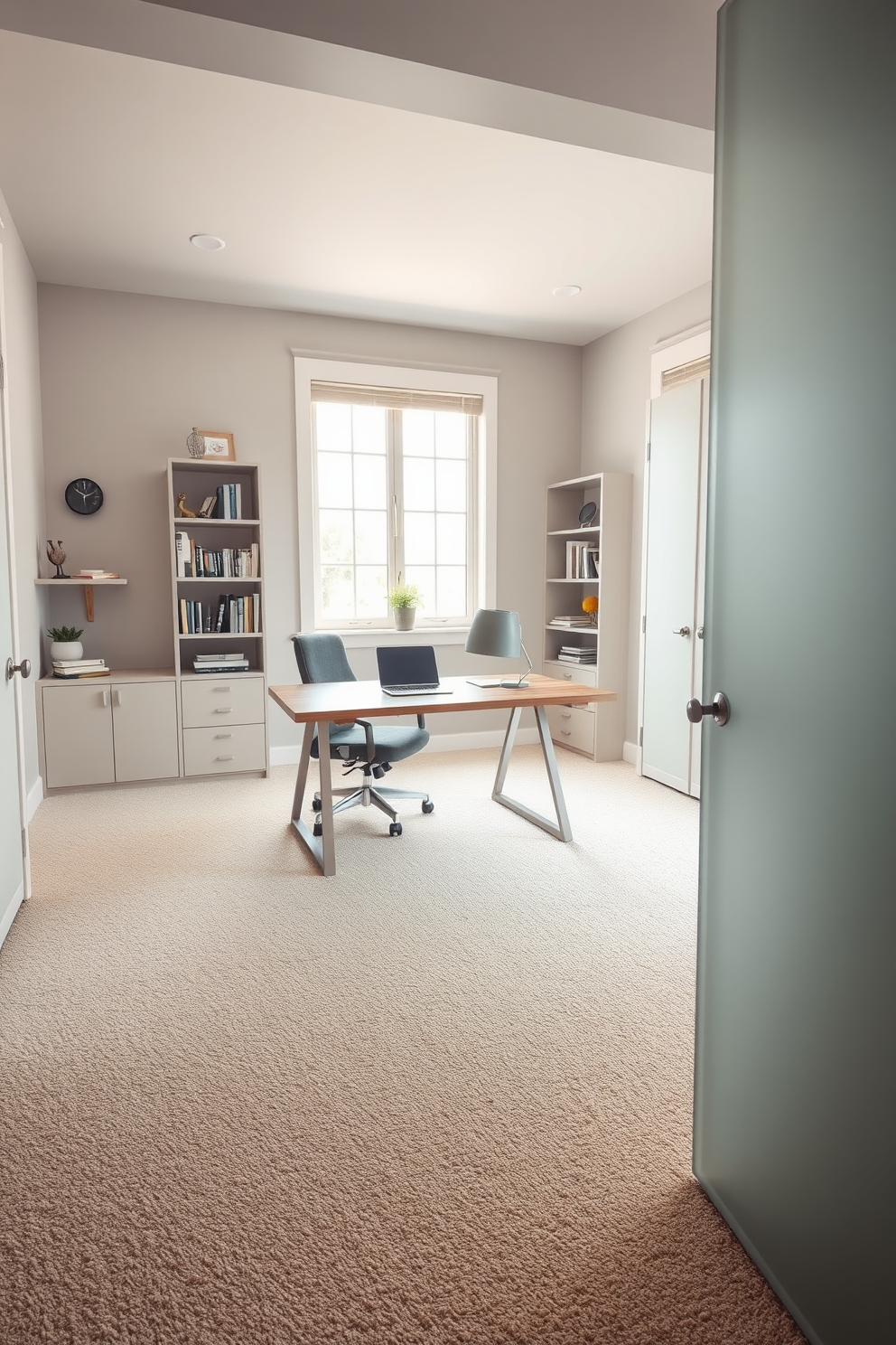 A serene home office setting featuring muted tones to create a calming atmosphere. The room is adorned with a plush carpet in soft beige, complementing the light gray walls and enhancing the tranquil vibe. A sleek wooden desk is positioned by a large window, allowing natural light to fill the space. Shelves filled with books and decorative items line the walls, adding a touch of personality while maintaining a clean and organized look.