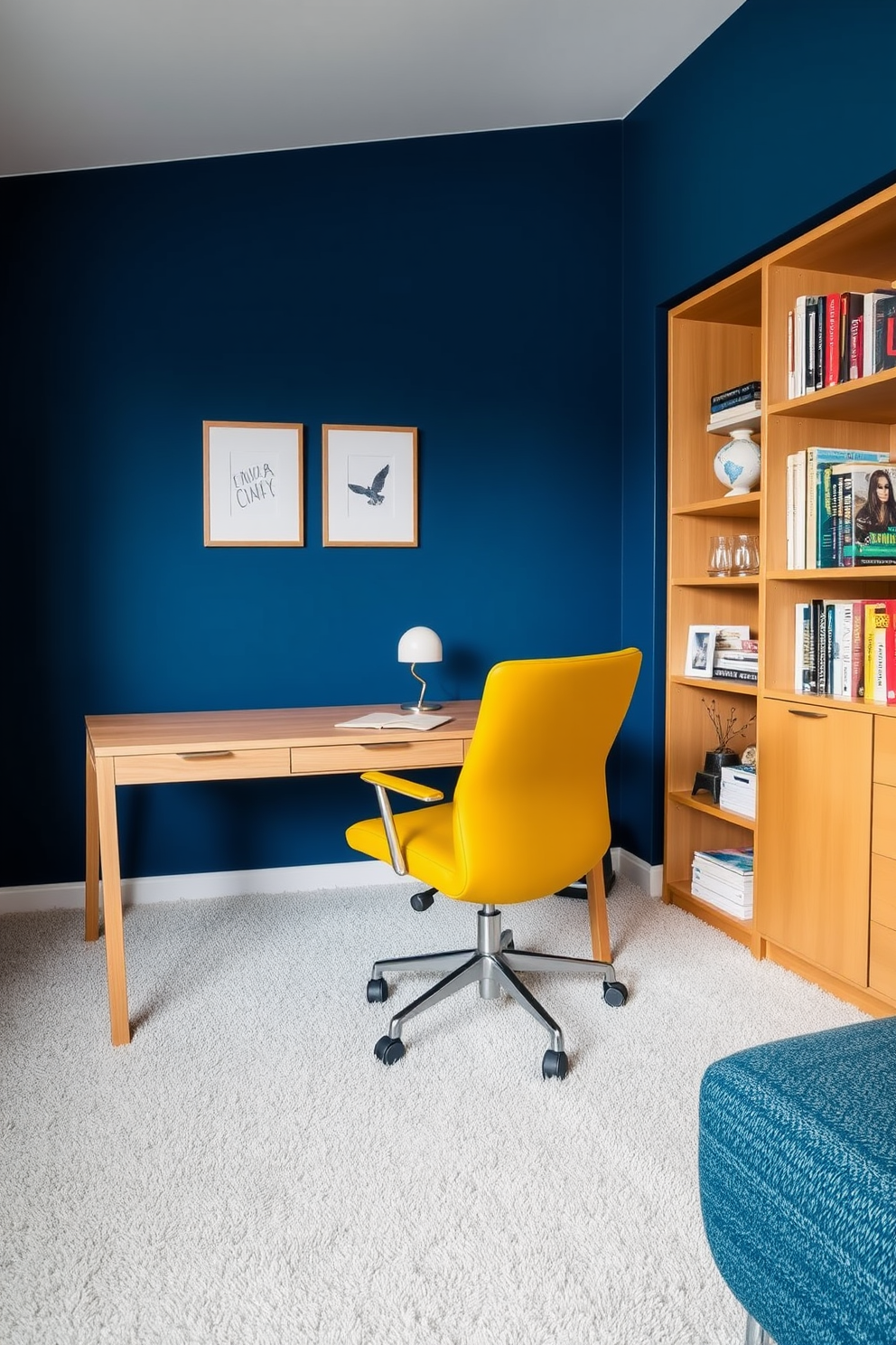 Accent wall with contrasting carpet. The home office features a bold navy blue accent wall that beautifully contrasts with a light gray plush carpet. A sleek wooden desk is positioned against the wall, complemented by an ergonomic chair in a vibrant mustard yellow. Shelves filled with books and decorative items line the adjacent wall, adding personality and warmth to the space.