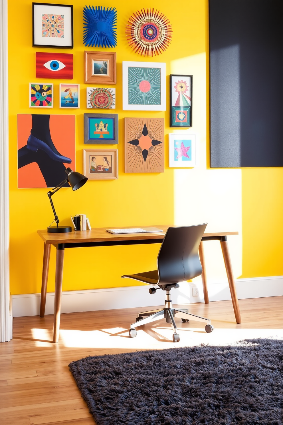 A modern home office featuring a sleek wooden desk positioned against a bright accent wall. Above the desk, a collection of vibrant wall art pieces adds personality and creativity to the space. The floor is covered with a plush area rug that complements the color scheme of the room. A comfortable office chair is placed at the desk, inviting productivity and style.