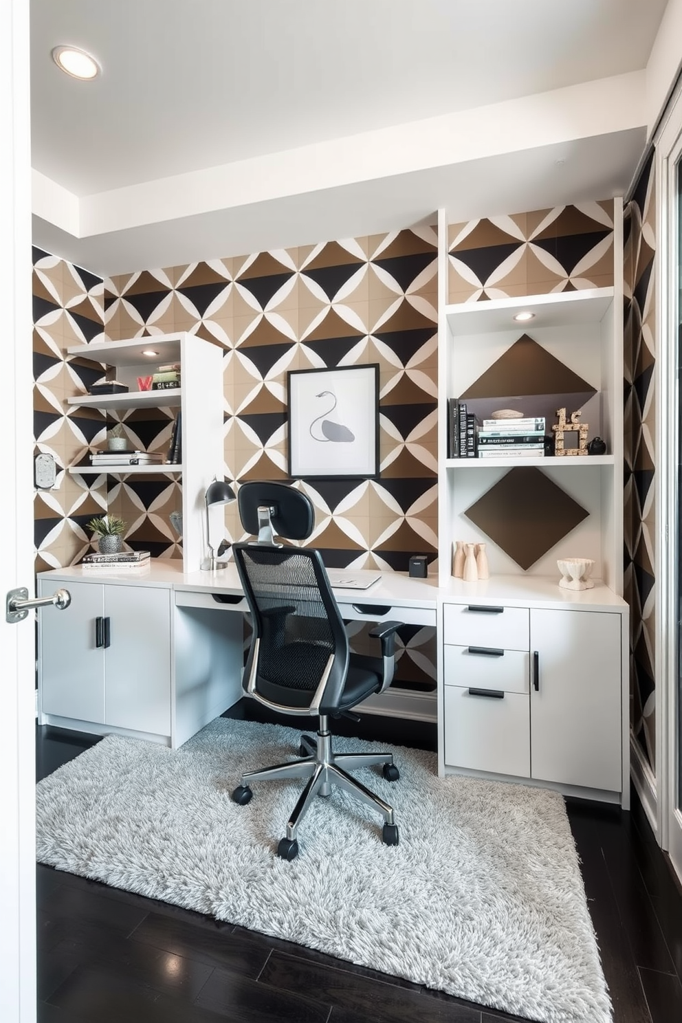 A sleek home office featuring geometric patterns throughout the space. The walls are adorned with a bold geometric wallpaper, while a modern desk with clean lines sits on a plush area rug that complements the design. A stylish ergonomic chair is positioned at the desk, providing comfort and sophistication. Shelves with geometric accents display books and decorative items, enhancing the overall aesthetic of the room.