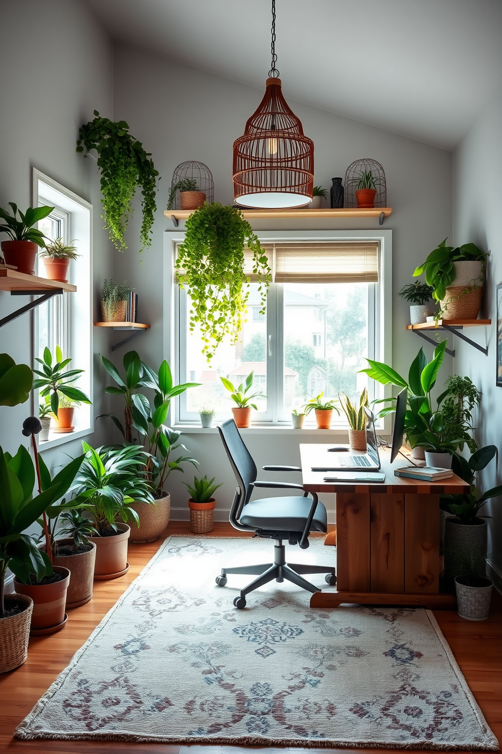 A bright and inviting home office space filled with various indoor plants that bring a fresh vibe. The room features a large desk made of reclaimed wood, complemented by a comfortable ergonomic chair and a soft area rug that adds warmth to the floor. The walls are painted in a calming light gray, enhancing the natural light that floods through the large window. Shelves adorned with potted plants and books create an inspiring and organized workspace, while a stylish pendant light hangs above to provide ample illumination.