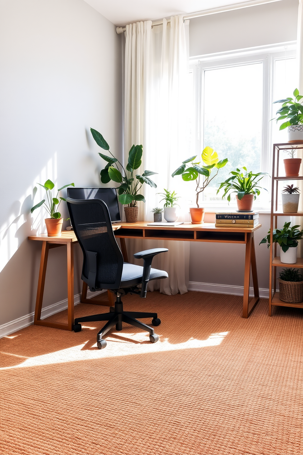 A cozy home office space featuring a textured carpet that adds visual interest to the room. The carpet is in a warm neutral tone, complementing the wooden desk and ergonomic chair positioned against a light gray wall. Natural light streams in through a large window adorned with sheer curtains, creating an inviting atmosphere. A few potted plants are placed on the desk and shelves, enhancing the overall aesthetic and promoting a sense of tranquility.