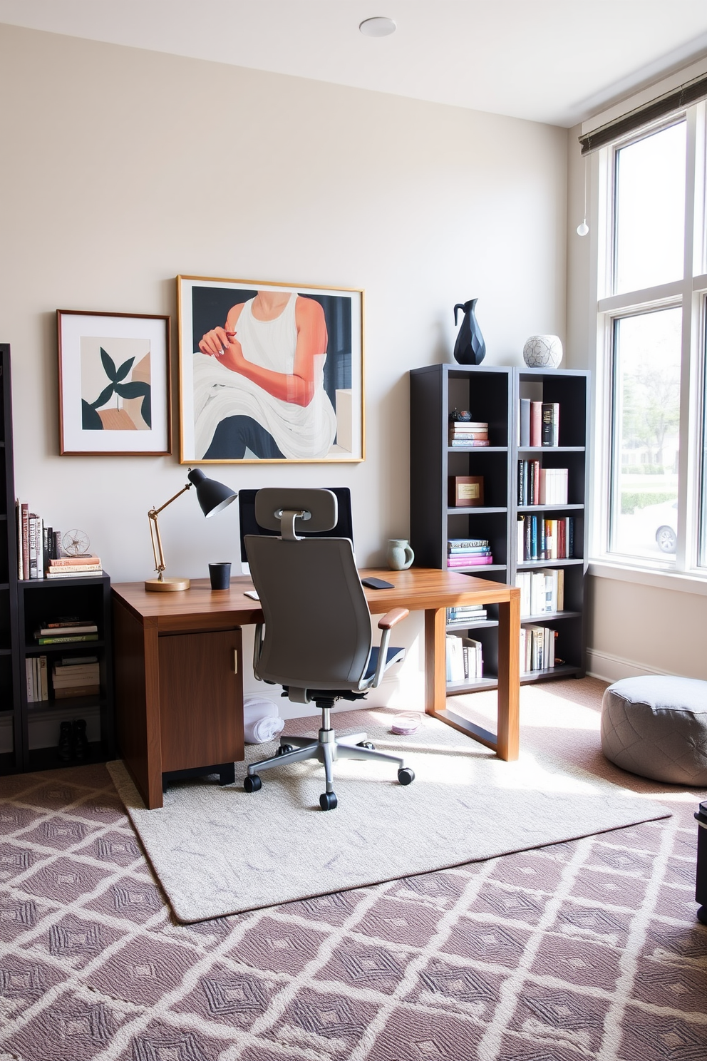 A personalized home office featuring a sleek wooden desk positioned against a wall adorned with custom artwork. The carpet is a plush area rug with a geometric pattern that complements the color scheme of the room, creating a cozy yet stylish workspace. A comfortable ergonomic chair is placed at the desk, surrounded by bookshelves filled with curated books and decorative items. Natural light floods the space through large windows, enhancing the inviting atmosphere and showcasing the unique decor.