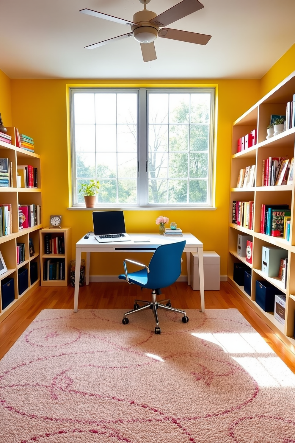 A bright and cheerful home office featuring a large window that lets in ample natural light. The walls are painted in a vibrant yellow hue, and the furniture includes a sleek white desk paired with a comfortable blue chair. The floor is covered with a soft, multicolored carpet that adds warmth and personality to the space. Shelves filled with colorful books and decorative items line the walls, creating an inviting and inspiring atmosphere.