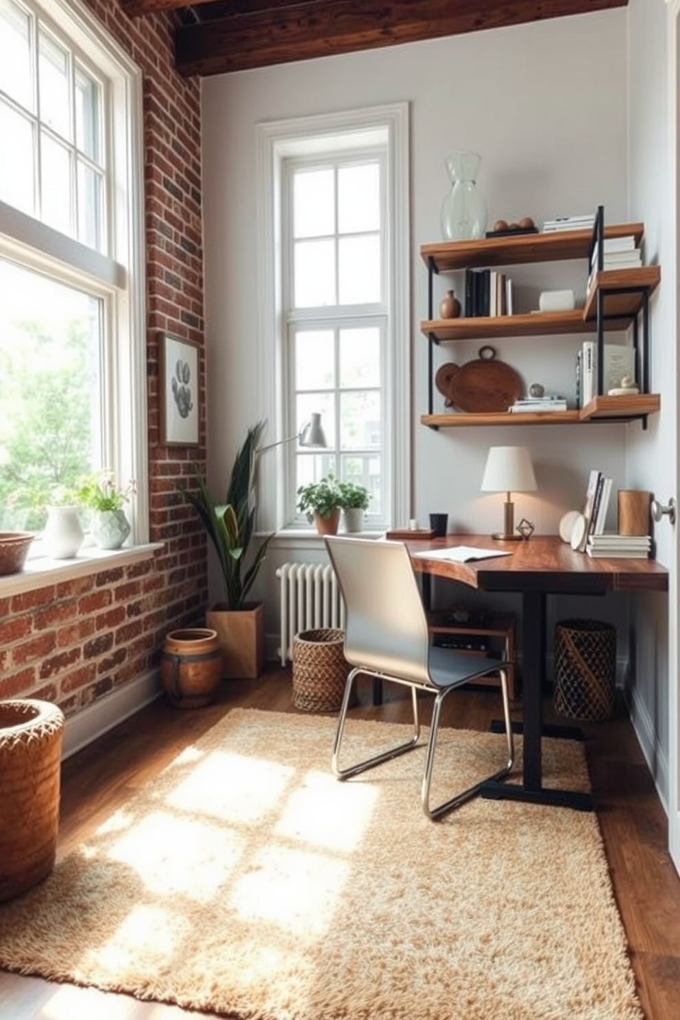 A cozy home office featuring rustic elements with modern flair. The room includes a reclaimed wood desk paired with a sleek metal chair, and large windows allow natural light to flood the space. The walls are adorned with a mix of exposed brick and soft white paint, creating a warm yet contemporary atmosphere. A plush area rug in earthy tones anchors the seating area, while shelves filled with books and decorative items add character.