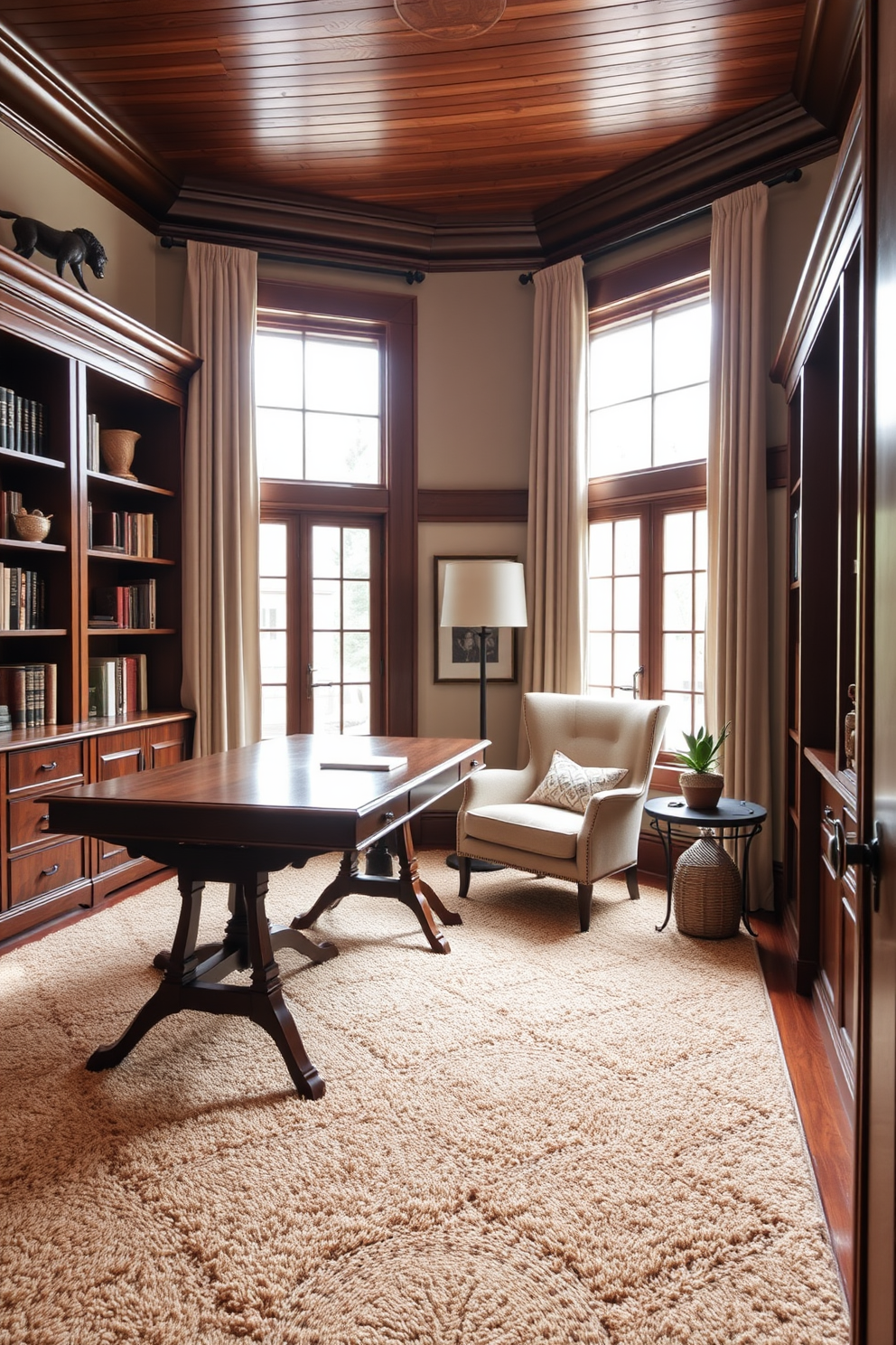 A warm and inviting home office featuring rich wood tones throughout. The space is anchored by a plush carpet that adds comfort and texture, complementing the wooden desk and bookshelves. Natural light floods the room through large windows adorned with soft drapes. A cozy reading nook in the corner invites relaxation, complete with a stylish armchair and a small side table.