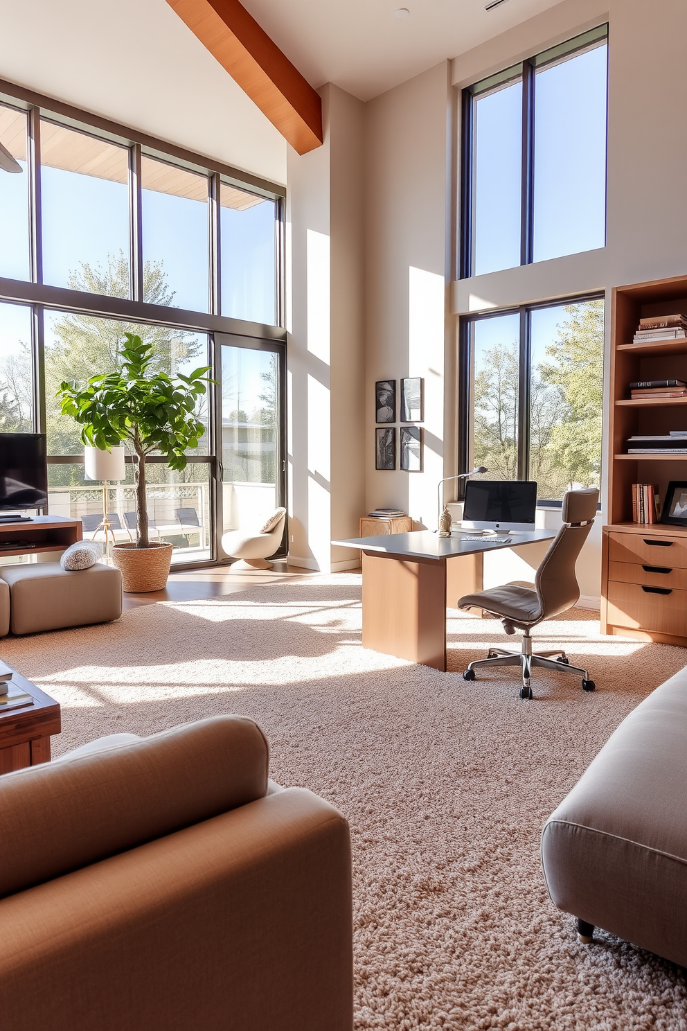 Open layout with defined areas featuring a spacious home office that blends seamlessly into the living space. The office includes a sleek desk positioned against a wall with built-in shelves, and a comfortable chair that complements the overall aesthetic. The floor is covered with a plush carpet that adds warmth and texture to the room. Large windows allow natural light to flood the space, highlighting the stylish decor and creating an inviting atmosphere for productivity.