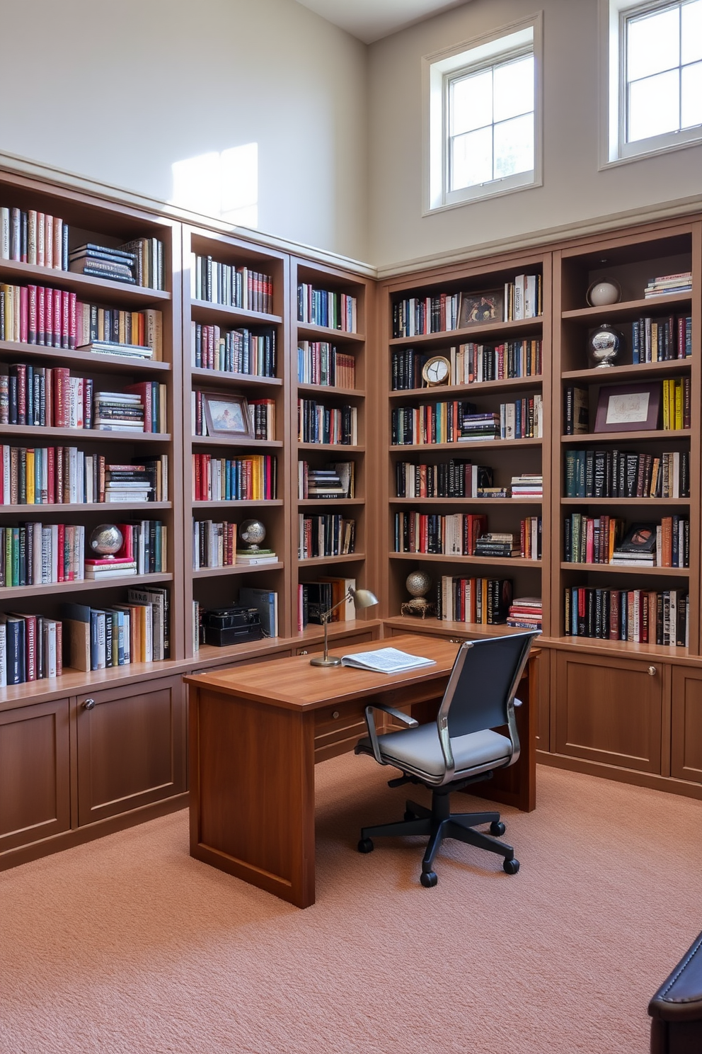 A cozy home office featuring built-in bookshelves that reach from floor to ceiling. The shelves are filled with an array of colorful books and decorative items, creating a warm and inviting atmosphere. The office has a plush carpet in a neutral tone that complements the wooden desk and ergonomic chair. Large windows allow natural light to flood the space, highlighting the organized and stylish layout.