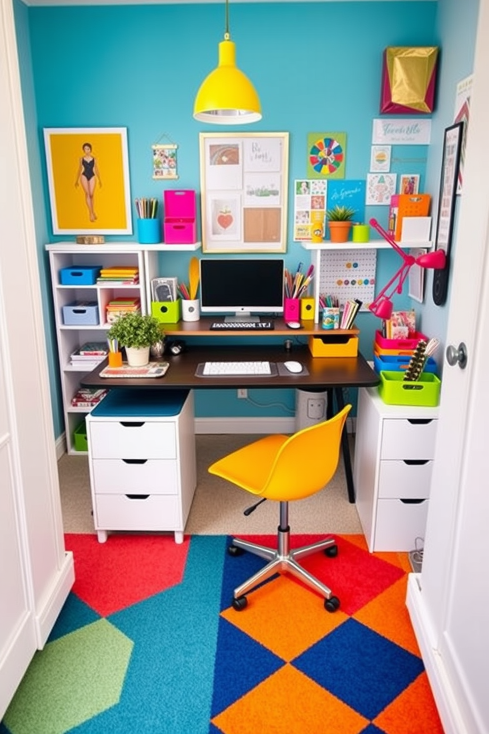 A vibrant home office space filled with colorful desk accessories that add a fun touch. The desk is adorned with bright organizers, playful stationery, and a cheerful plant, creating an inviting and energetic atmosphere. The floor features a stylish carpet design that complements the overall color scheme. The carpet showcases geometric patterns in bold hues, enhancing the creative vibe of the workspace.