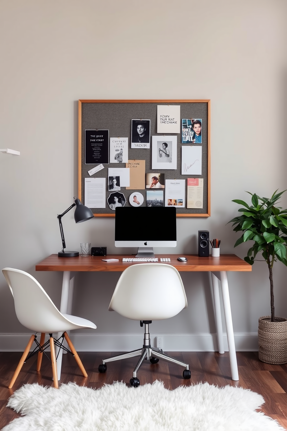 A stylish home office workspace featuring an inspiration board mounted above a sleek wooden desk. The walls are painted in a soft gray tone, and a plush area rug adds warmth to the space.