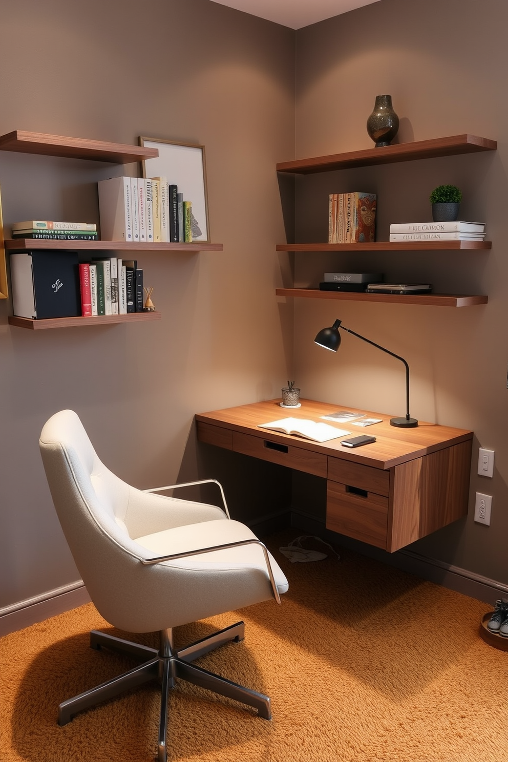 A cozy home office nestled in a corner space features a sleek wooden desk positioned against the wall. Plush carpeting in a warm tone covers the floor, adding comfort and style to the workspace. The walls are adorned with floating shelves showcasing books and decorative items. A comfortable chair with modern design complements the overall aesthetic while maximizing the use of the corner.