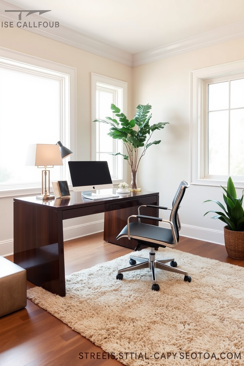 An elegant home office features a sleek wooden desk with a polished finish and a comfortable ergonomic chair. Beneath the desk, a plush area rug adds warmth and texture, complementing the overall aesthetic of the room. The walls are painted in a soft neutral tone, creating a calming backdrop for productivity. Large windows allow natural light to flood the space, enhancing the inviting atmosphere of the office.