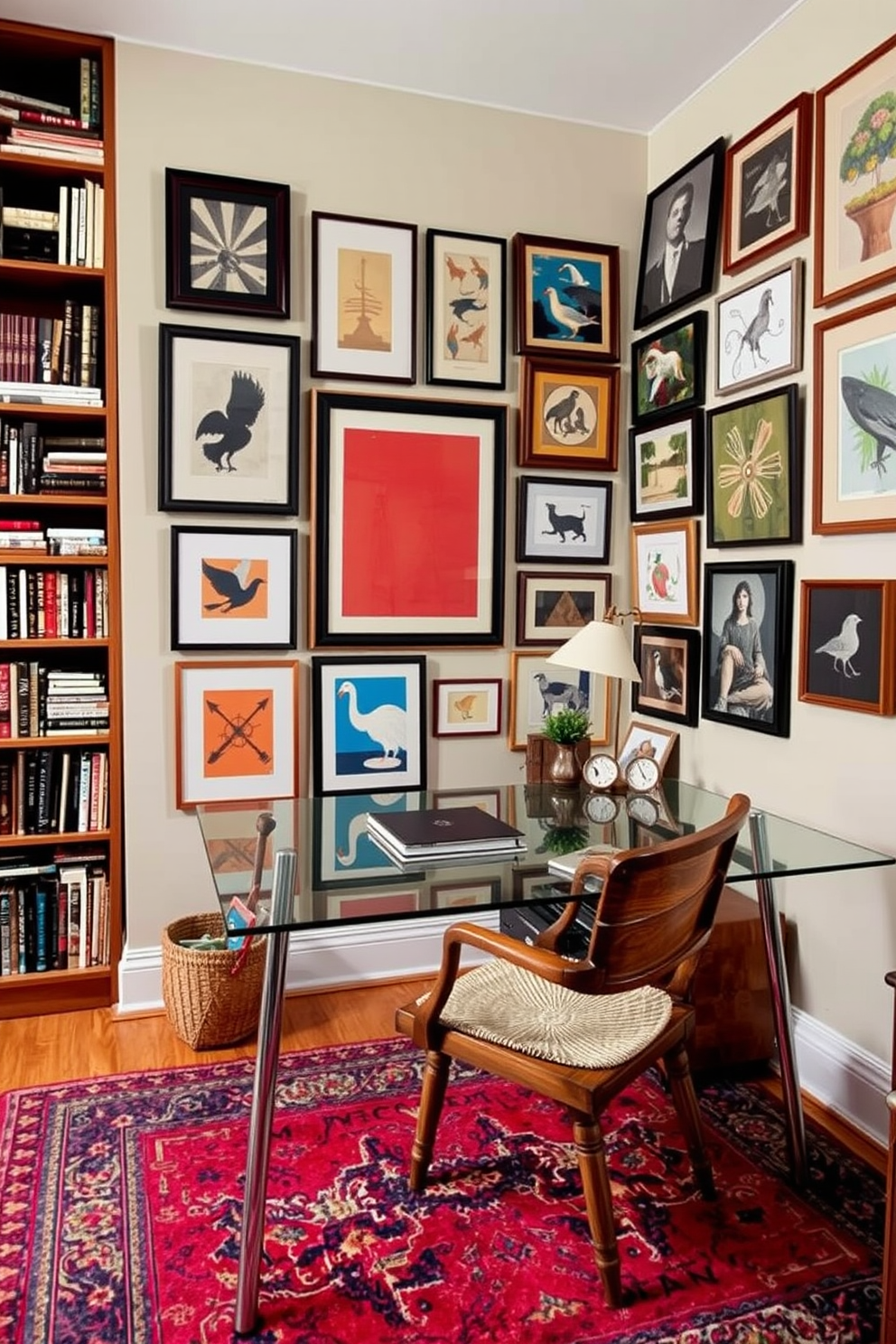 A cozy home office that blends modern and vintage styles. There is a sleek glass desk paired with a rustic wooden chair, and a colorful area rug adds warmth to the space. The walls are adorned with a gallery of framed art pieces, showcasing various styles and colors. A tall bookshelf filled with books and decorative items stands against one wall, completing the eclectic charm.