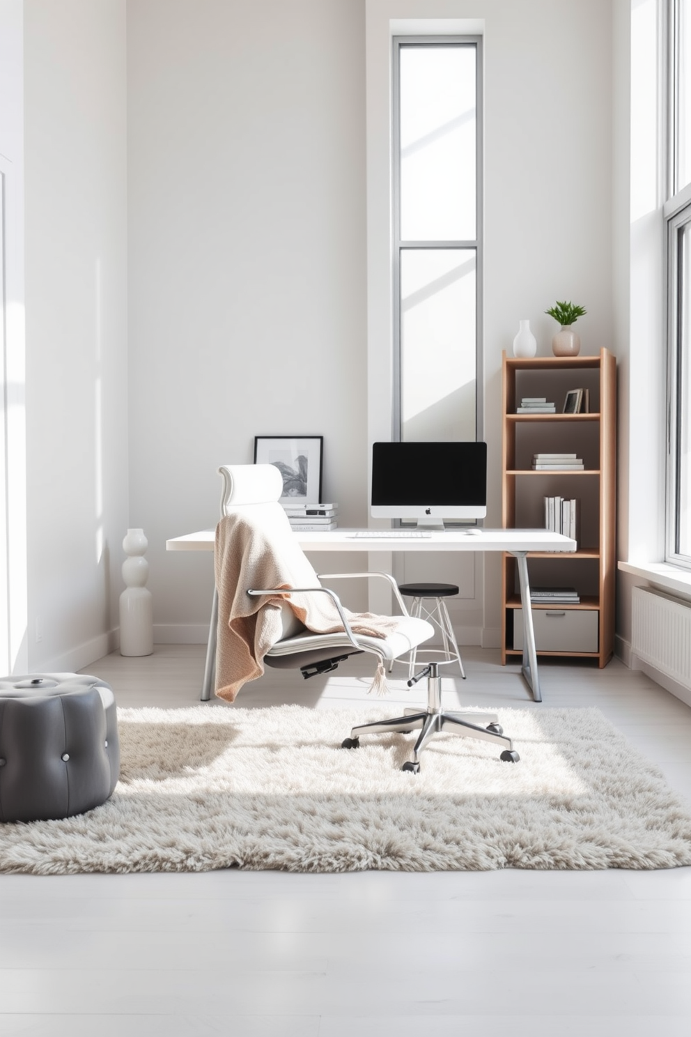 A minimalist home office features a sleek desk with clean lines and a comfortable ergonomic chair. Soft textures are introduced through a plush area rug that adds warmth to the space and a cozy throw draped over the chair. Natural light floods the room through large windows, illuminating the neutral color palette of whites and grays. Simple shelving units display a few curated decor items, maintaining a clutter-free environment that promotes focus and creativity.