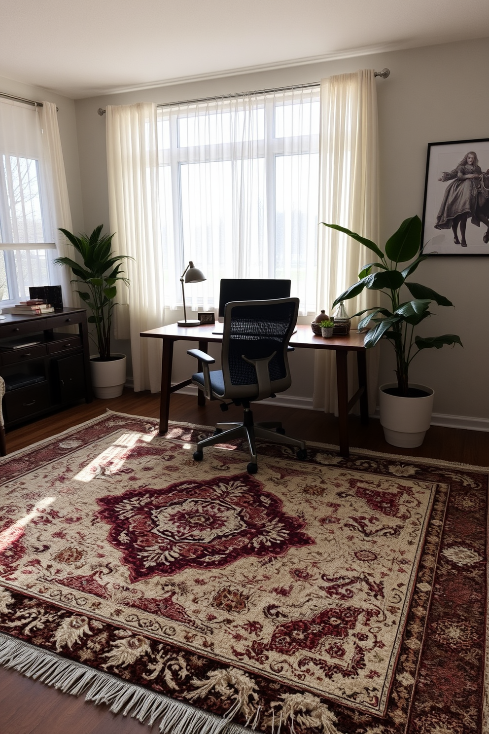 A cozy home office featuring layered rugs for added warmth. The space includes a large, plush area rug topped with a smaller, intricately patterned rug, creating a welcoming atmosphere. The desk is a sleek wooden design with a comfortable ergonomic chair. Natural light floods the room through large windows adorned with sheer curtains, enhancing the inviting feel of the workspace.