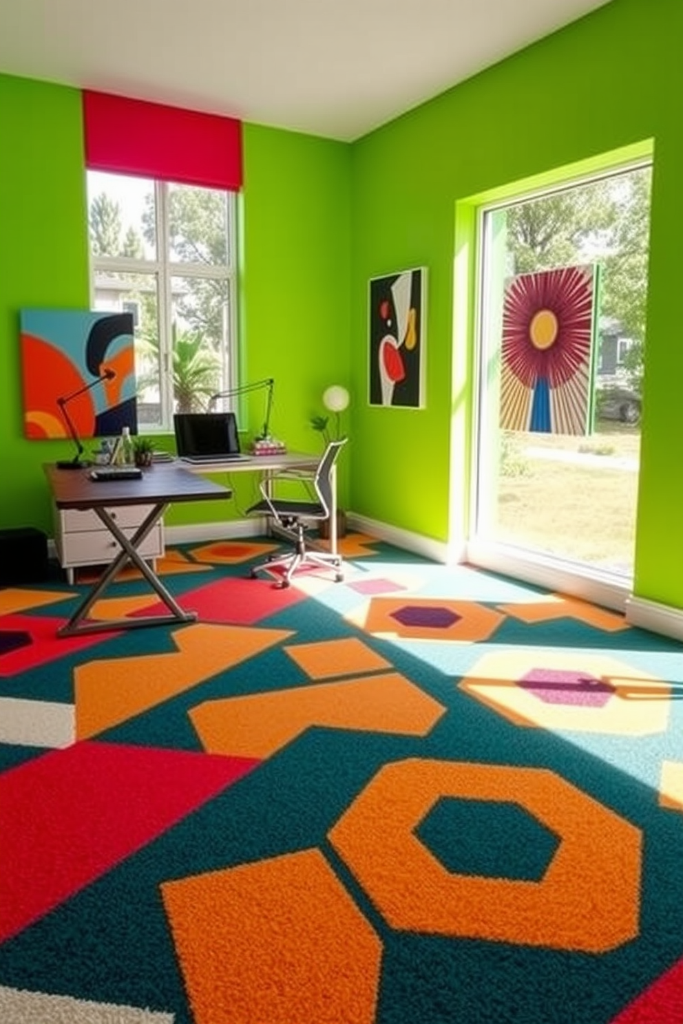 A vibrant home office space featuring bold geometric patterns on the carpet. The walls are painted in a bright color, and a sleek desk with a modern chair is positioned against one side. Incorporate a large window that allows natural light to flood the room, highlighting the dynamic carpet design. Add colorful artwork on the walls to further enhance the creative atmosphere.