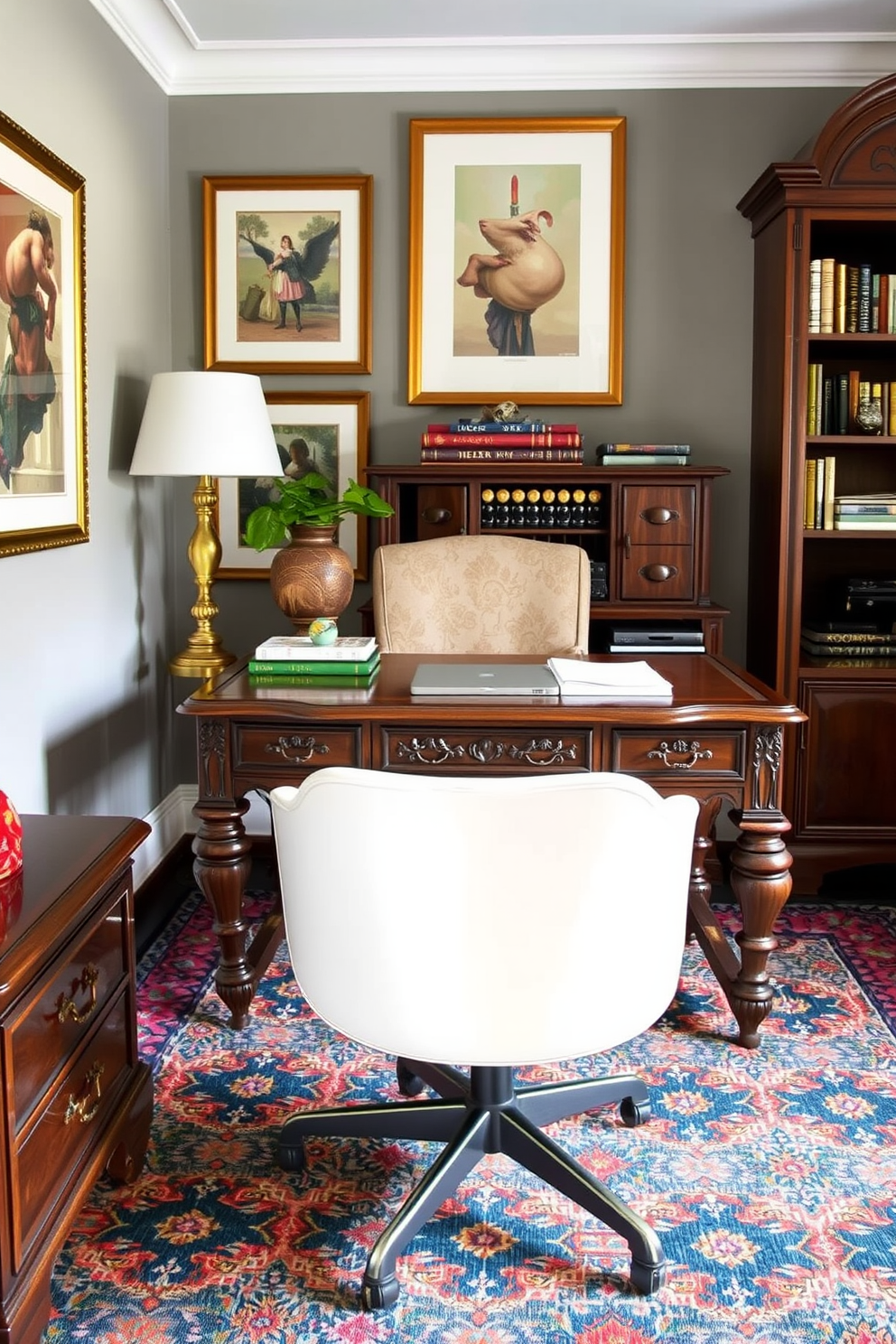 A cozy home office featuring vintage furniture paired with a contemporary carpet. The desk is a classic wooden piece with intricate carvings, complemented by a sleek modern chair and a vibrant area rug underneath. The walls are adorned with framed artwork that blends traditional and modern styles. A stylish bookshelf filled with books and decorative items adds character to the space.