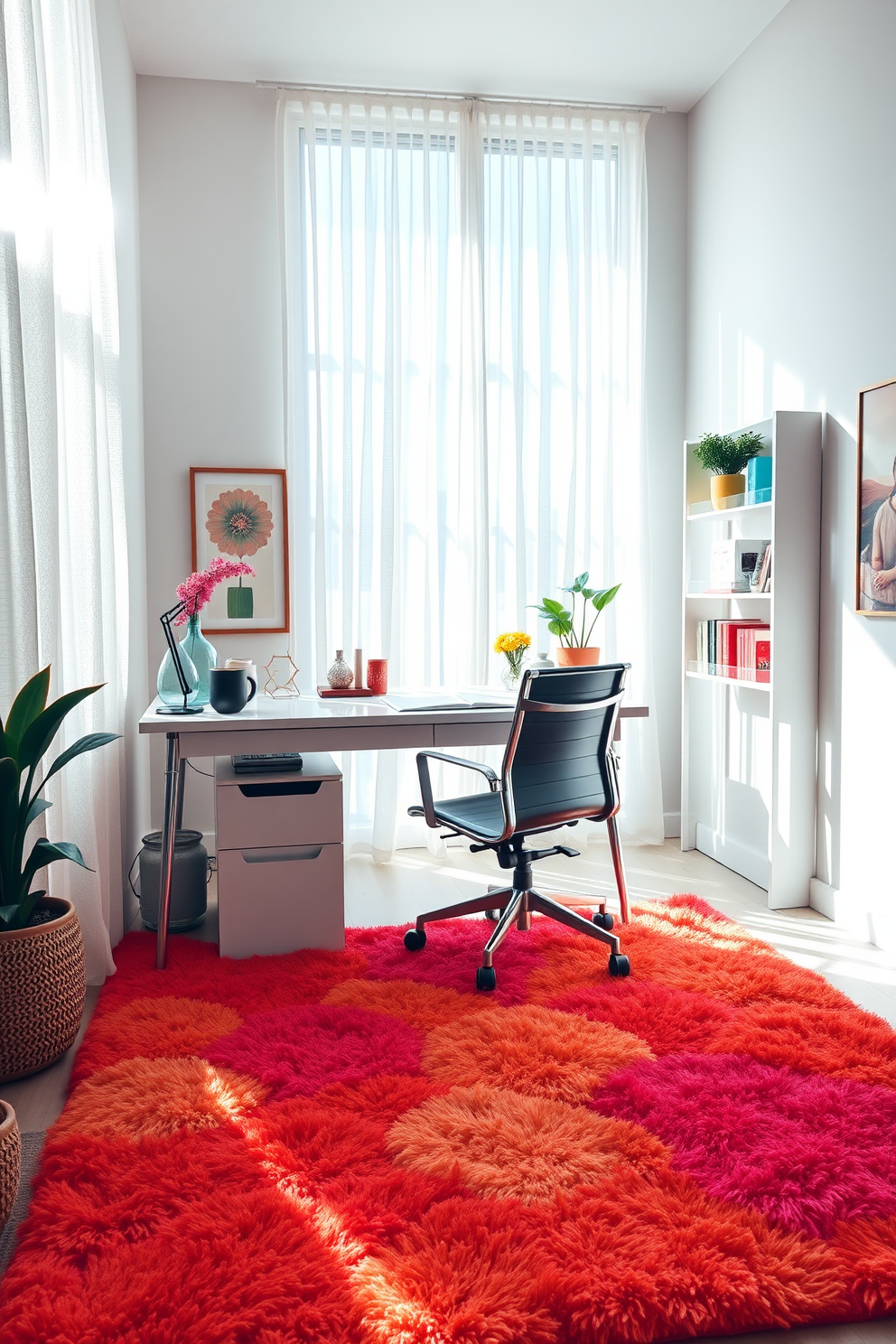 A bright and inviting home office bathed in natural light. The space features a large window with sheer curtains that allow sunlight to filter in, illuminating vibrant decor elements. A plush area rug in bold colors anchors the room, adding warmth and texture. The desk is stylishly arranged with modern accessories, and a comfortable chair complements the overall aesthetic.