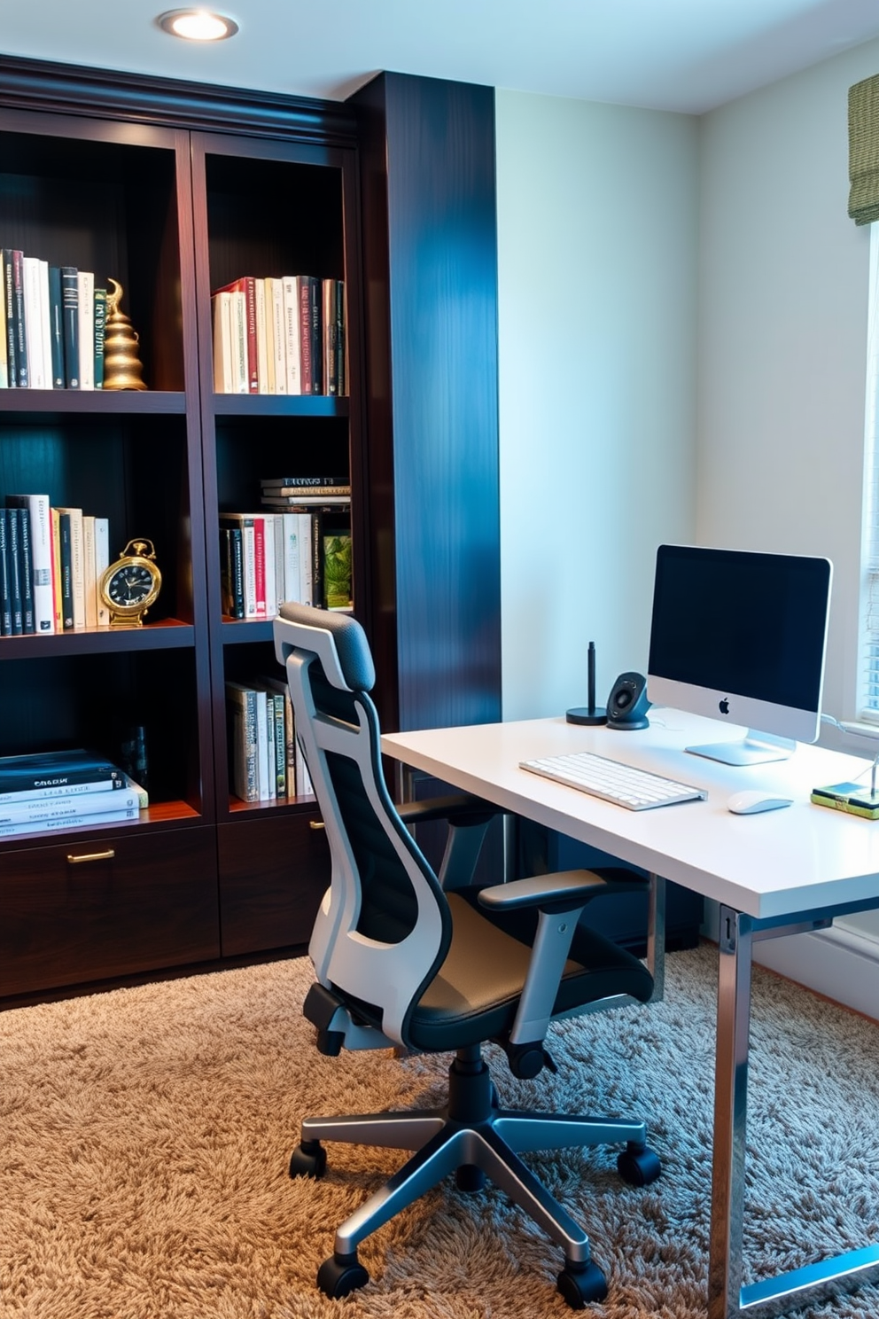 A home office featuring functional storage solutions with stylish accents. There are built-in shelves made of dark wood, neatly organized with books and decorative items, while a sleek desk complements the overall aesthetic. The office is adorned with a plush carpet that adds warmth and texture to the space. A comfortable ergonomic chair is positioned at the desk, creating an inviting atmosphere for productivity.