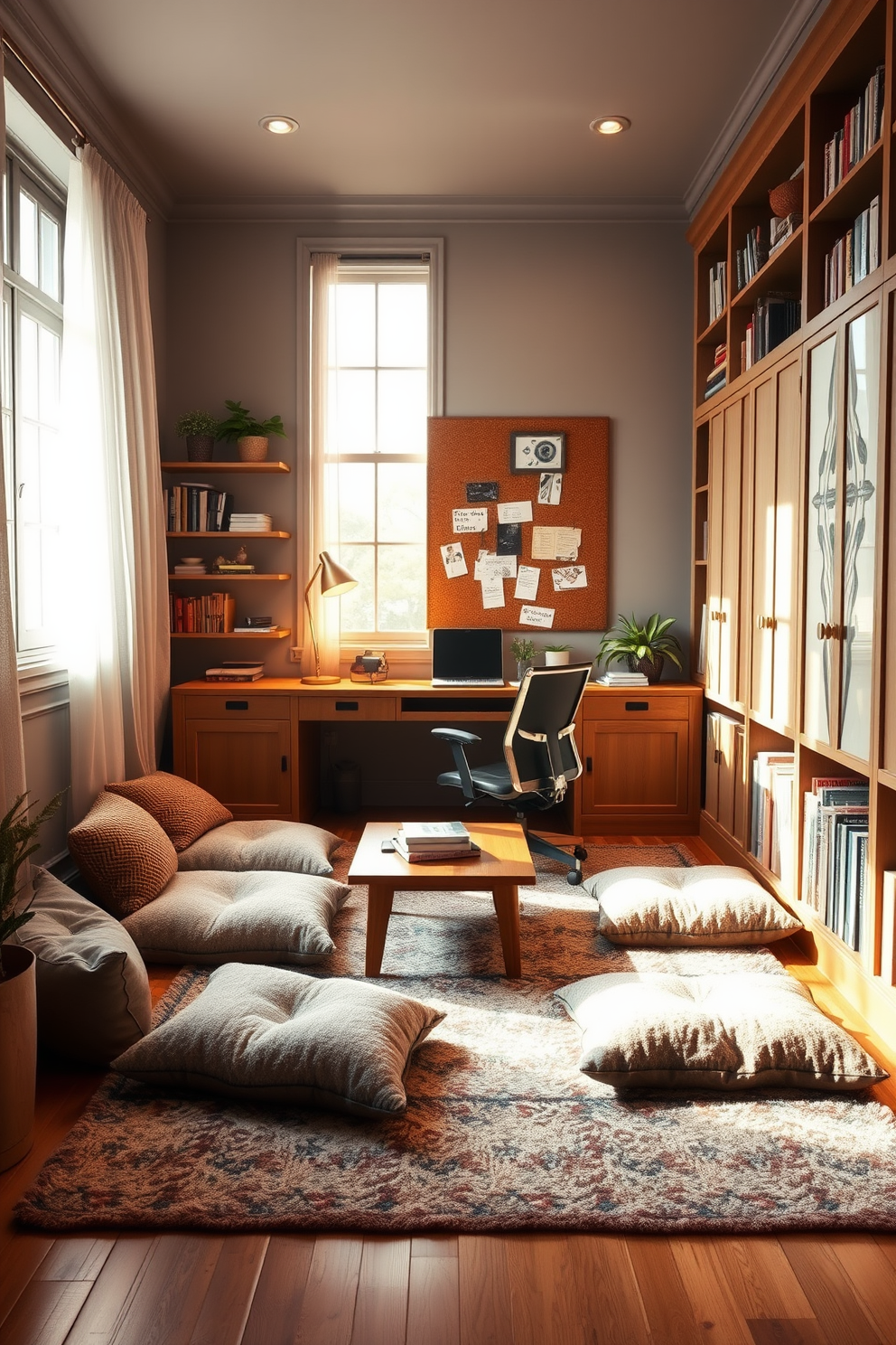 Cozy reading nook with floor cushions. Soft, plush floor cushions are scattered around a low wooden table, creating an inviting space for relaxation. A large window allows natural light to flood the area, while sheer curtains gently filter the sunlight. Surrounding the nook are bookshelves filled with an eclectic collection of books and decorative items. Home study room design ideas. The study features a sleek wooden desk paired with a comfortable ergonomic chair, positioned to face a wall of built-in shelves. Warm lighting from a stylish desk lamp illuminates the workspace, while a large corkboard above the desk organizes notes and inspirations. A cozy area rug underfoot adds warmth, and potted plants bring a touch of nature into the room.