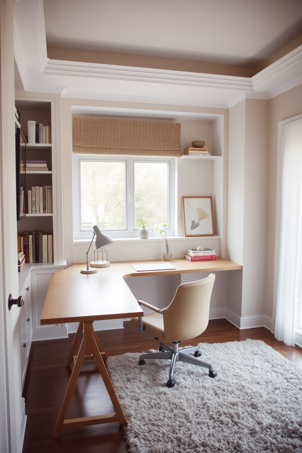 A serene home study room featuring neutral tones to create a calming atmosphere. The room includes a sleek wooden desk with a soft beige chair, positioned near a large window that allows natural light to flood in. On the wall behind the desk, there are built-in shelves filled with books and decorative items in muted colors. A plush area rug in light gray covers the floor, adding warmth and comfort to the space.