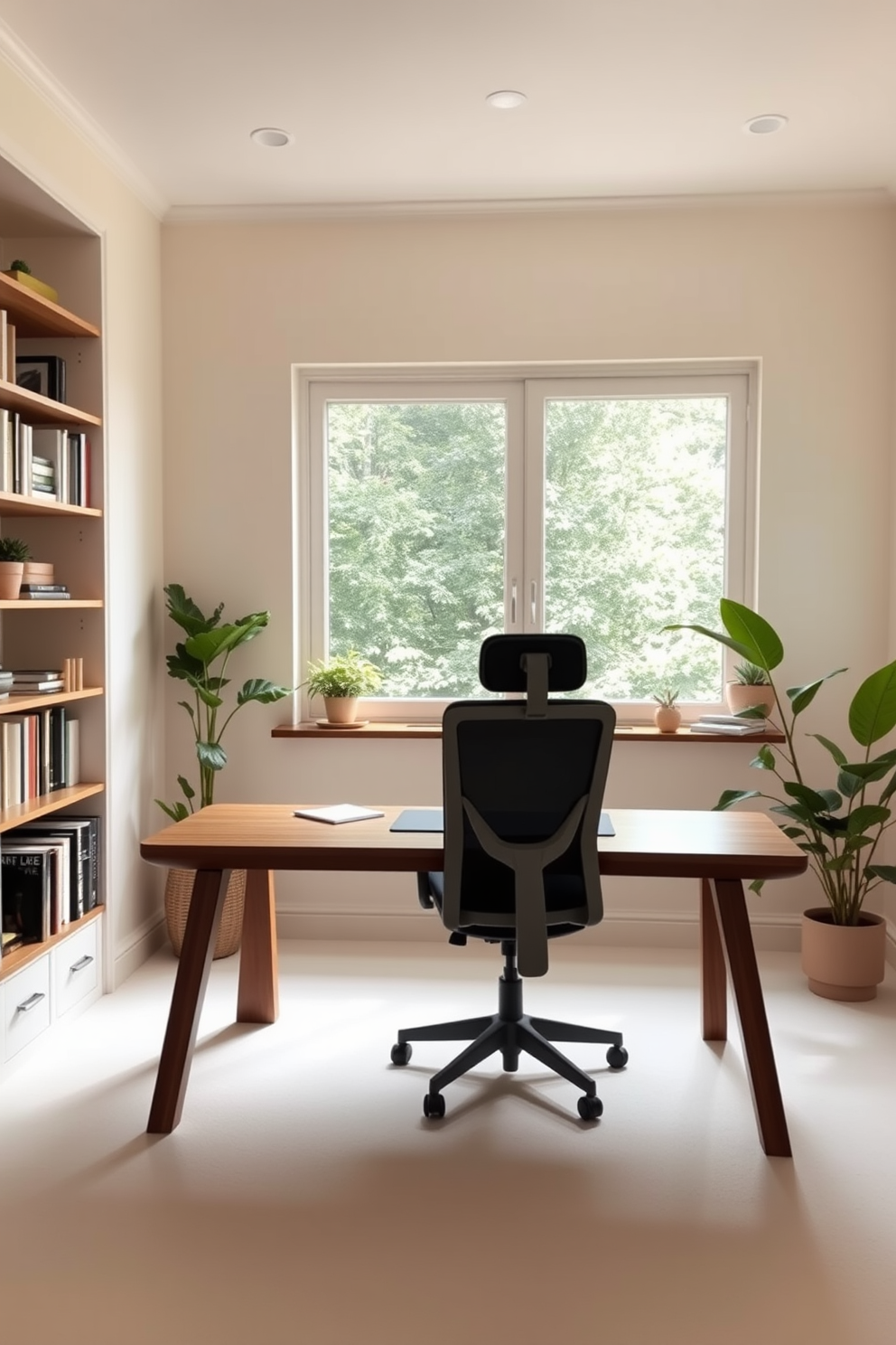 A serene home study room filled with natural light. The walls are painted in a soft cream color, and a large window offers a view of lush greenery outside. A sleek wooden desk sits in the center, accompanied by a comfortable ergonomic chair. Shelves filled with books and decorative items line the walls, while a few green plants add a refreshing vibe to the space.