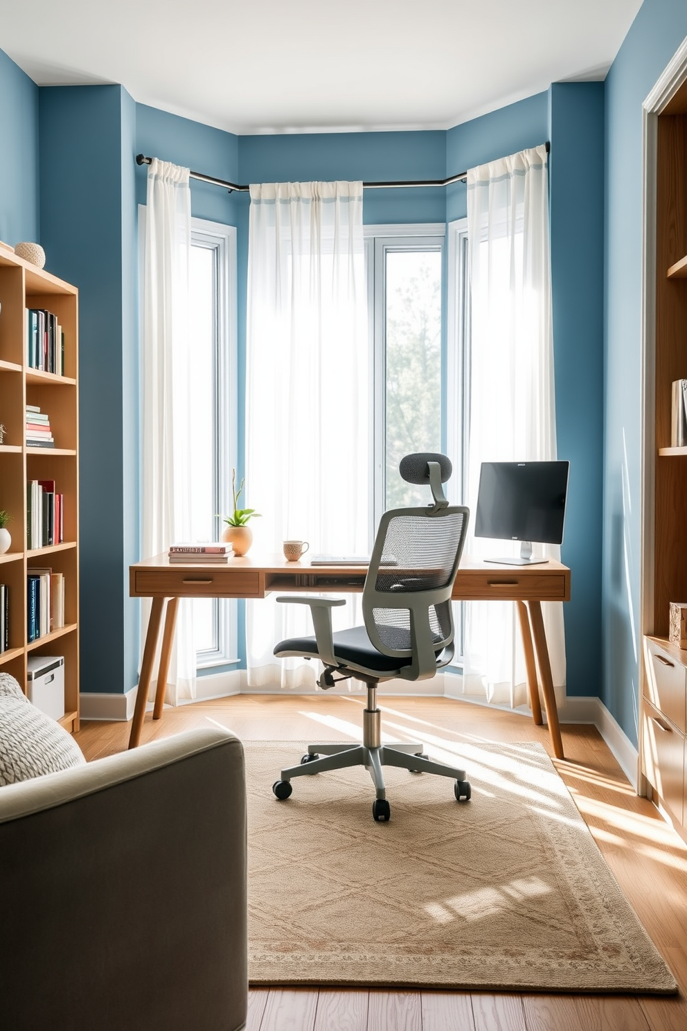 A sleek ergonomic chair designed for optimal posture sits at a modern wooden desk in a well-lit home study. The walls are painted in a calming blue hue, and a large bookshelf filled with books and decorative items lines one side of the room. Natural light floods the space through a large window adorned with sheer curtains, creating a bright and inviting atmosphere. A cozy area rug in neutral tones anchors the seating area, complementing the overall design.