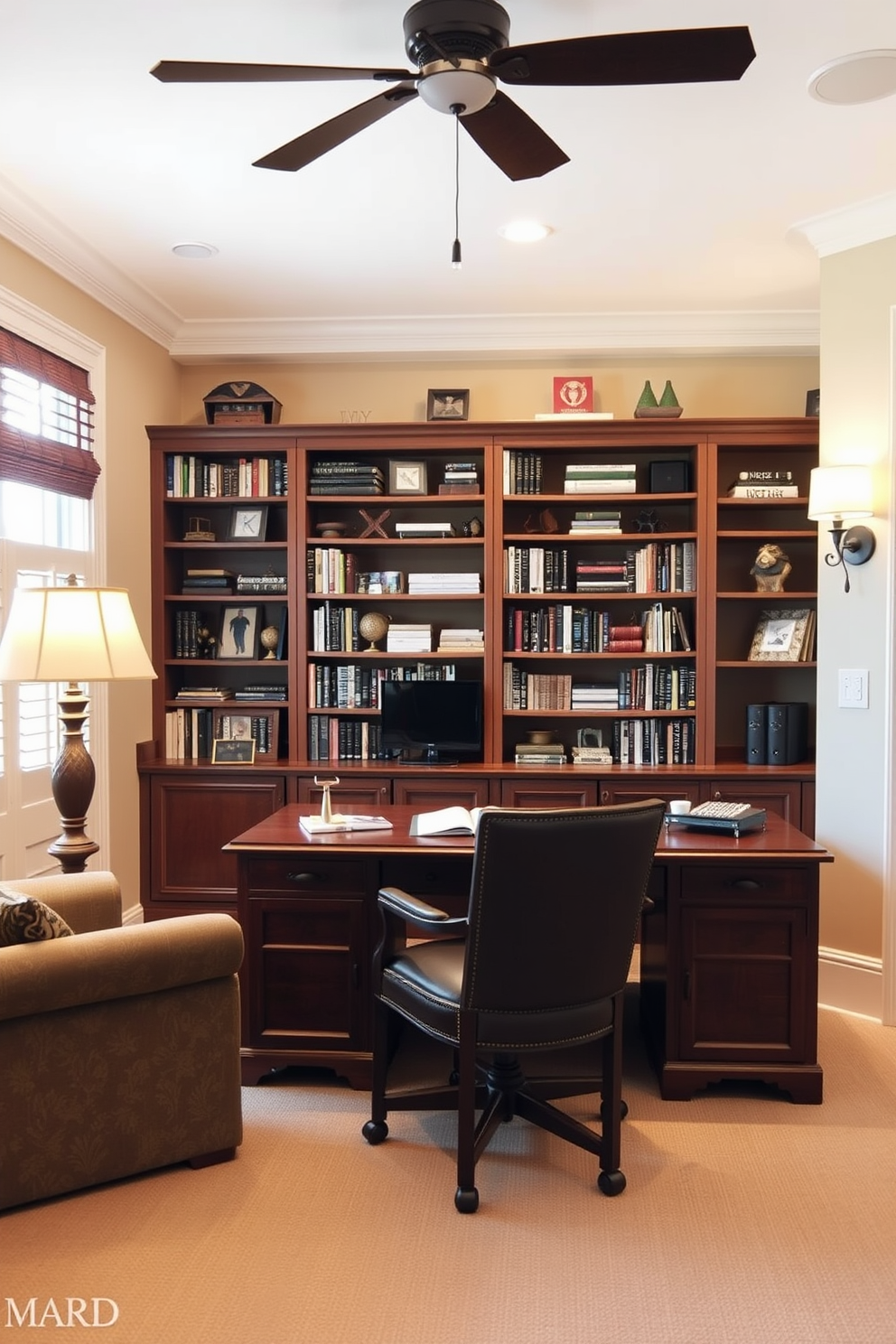 A cozy home study room featuring hidden storage solutions incorporated into decorative boxes. The room is designed with a warm color palette, showcasing a large wooden desk with a comfortable chair and bookshelves filled with neatly organized books and decorative items. In one corner, a stylish armchair invites relaxation, while decorative boxes blend seamlessly into the decor, providing ample storage for office supplies. Soft lighting from a desk lamp and wall sconces creates an inviting atmosphere, enhancing productivity and comfort.