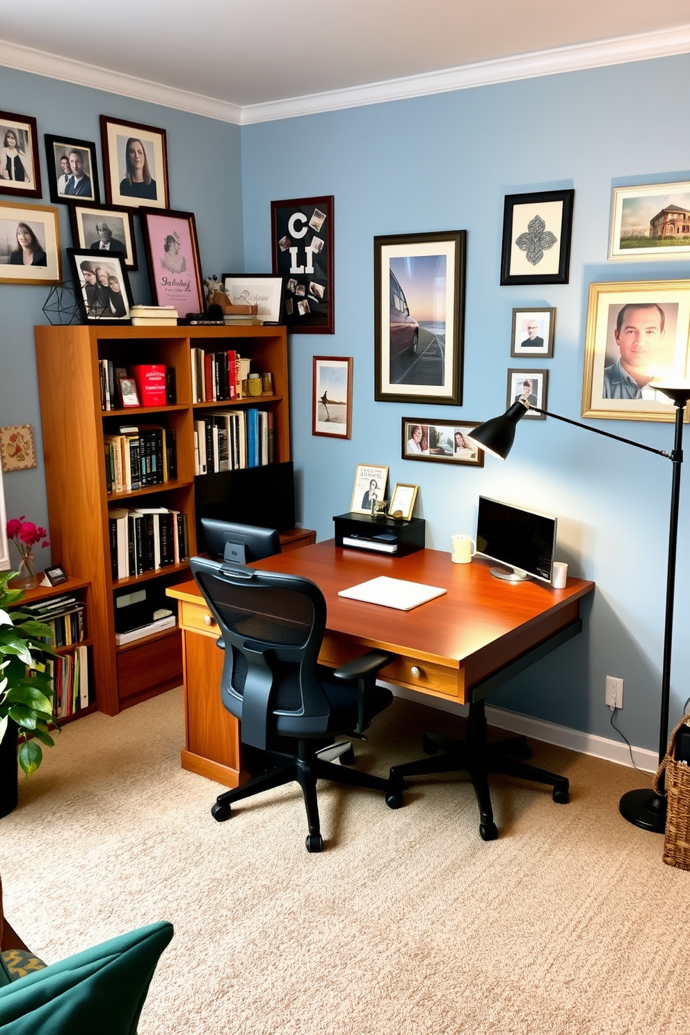 A cozy home study room filled with personalized decor that reflects the owner's personality. The walls are painted in a soft blue hue, adorned with framed photographs and artwork that inspire creativity. A large wooden desk sits in the center of the room, complemented by a comfortable ergonomic chair. A bookshelf filled with a mix of novels and decorative items lines one wall, while a stylish lamp provides warm lighting for late-night study sessions.