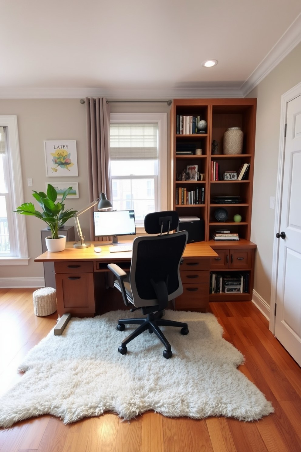 A cozy home study room designed for productivity and comfort. The space features a large wooden desk facing a window, with a comfortable ergonomic chair and a stylish desk lamp providing adjustable lighting for different tasks. Bookshelves line the walls, filled with neatly organized books and decorative items. A plush area rug adds warmth to the hardwood floor, while a small potted plant sits on the desk to enhance the room's inviting atmosphere.