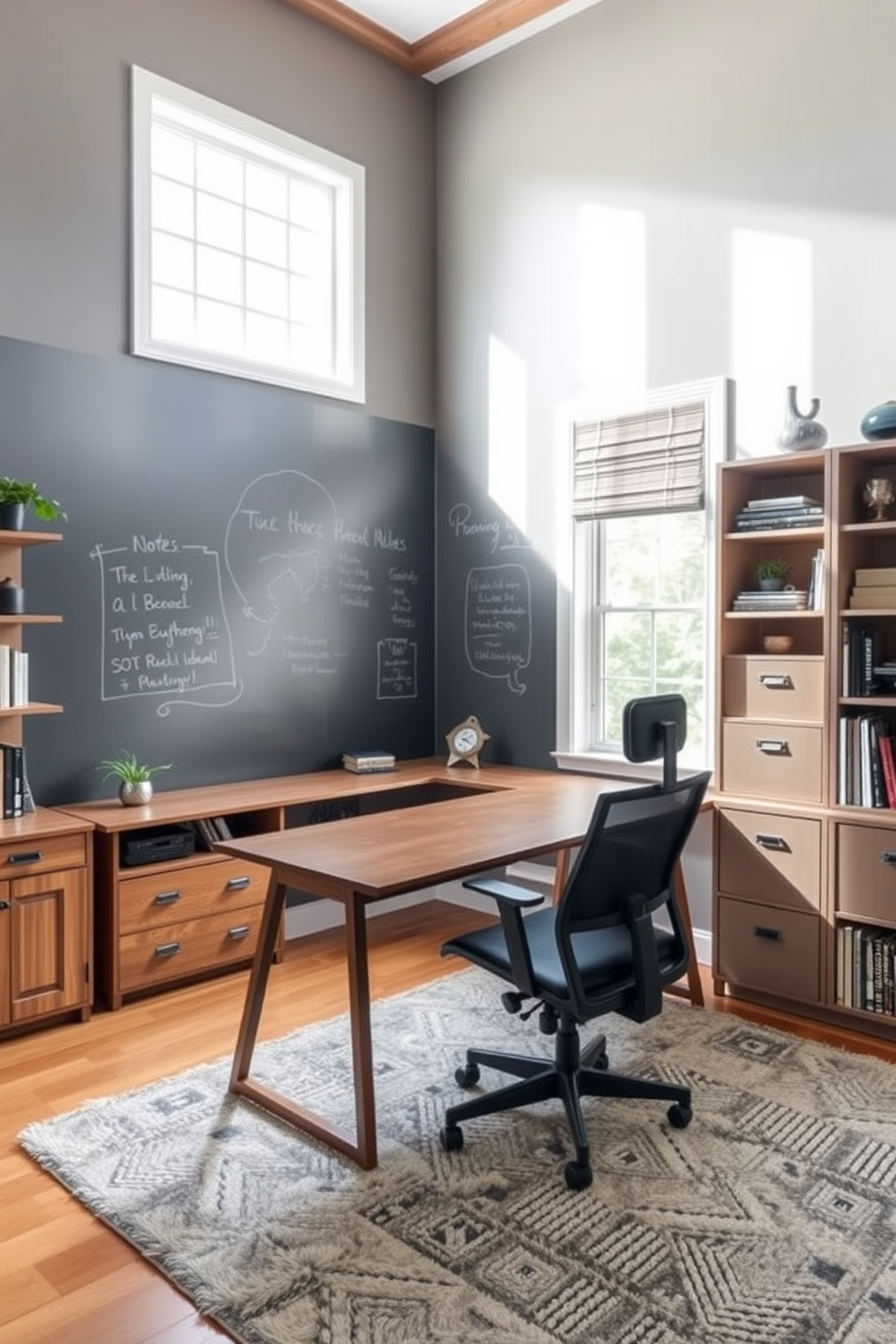 A cozy home study room featuring a chalkboard wall for notes, creating an interactive and functional space. The room includes a sleek wooden desk with a comfortable ergonomic chair and ample natural light streaming through a large window. The walls are painted in a soft gray hue, enhancing the room's calm atmosphere. Shelves filled with books and decorative items line one side, while a plush area rug adds warmth to the hardwood floor.