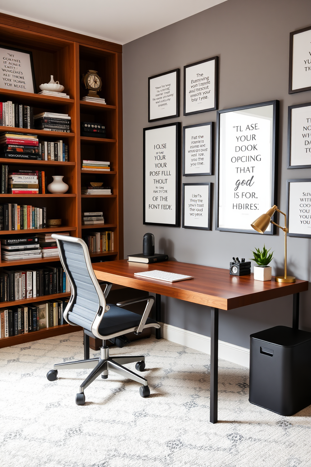 A cozy home study room featuring inspiring quotes framed on the walls. The space includes a sleek wooden desk paired with an ergonomic chair, and a large bookshelf filled with books and decorative items.