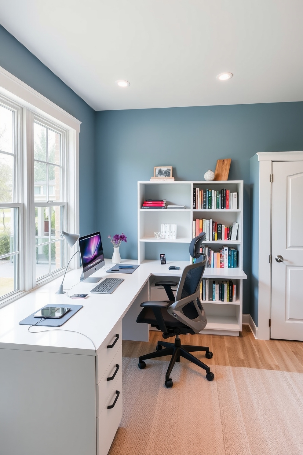 A tech-friendly home study room features a sleek desk with built-in charging stations for devices. The walls are painted in a calming blue hue, and large windows allow natural light to fill the space. A comfortable ergonomic chair sits at the desk, complemented by a minimalist bookshelf filled with neatly organized books and decorative items. Smart lighting fixtures are installed, providing adjustable brightness for different tasks.