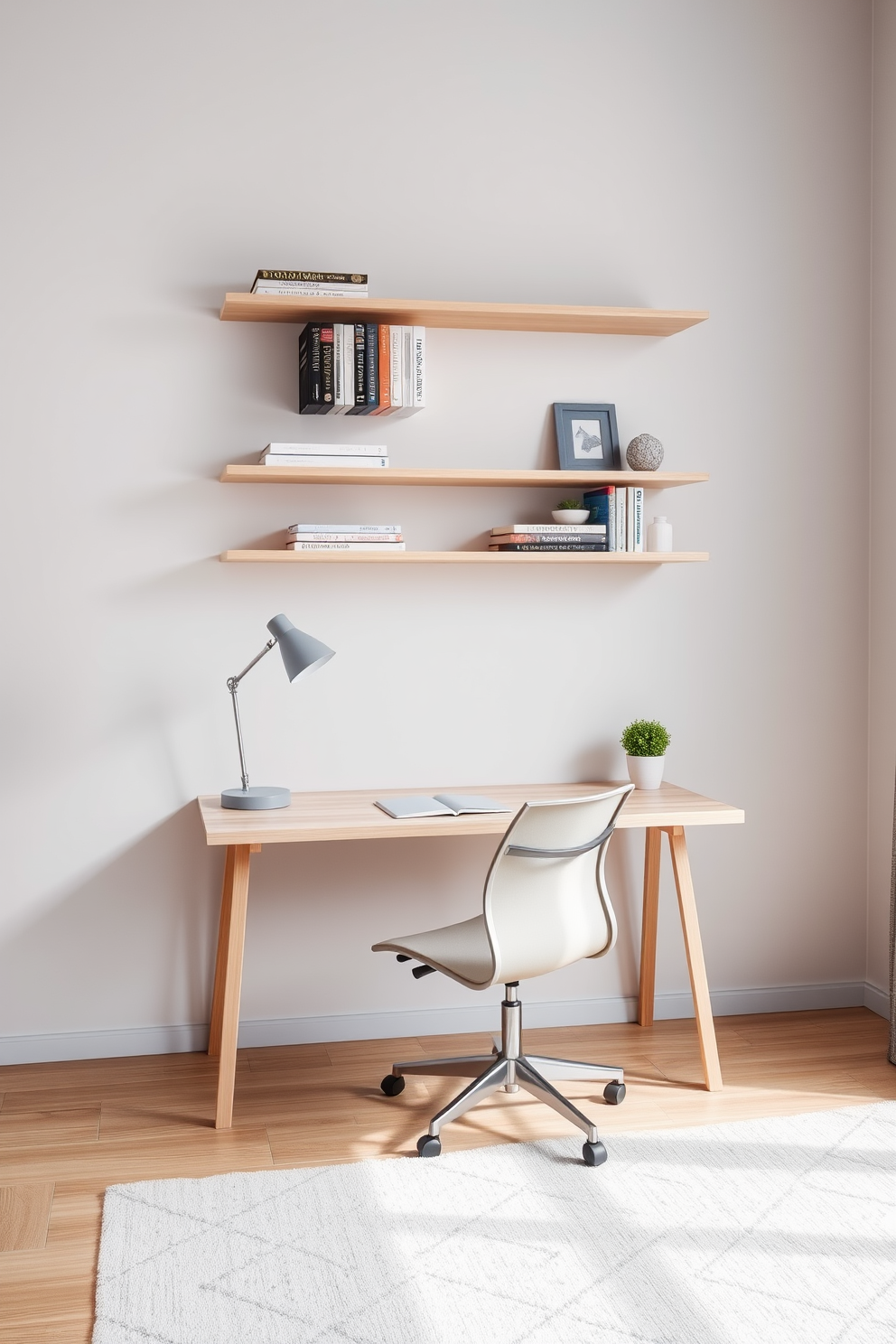 A minimalist desk is positioned against a light gray wall, featuring clean lines and a natural wood finish. Above the desk, floating shelves display a curated selection of books and decorative items, enhancing the airy feel of the space. The floor is adorned with a soft area rug in neutral tones, providing warmth and comfort. A sleek ergonomic chair complements the desk, while a small potted plant adds a touch of greenery to the home study room.