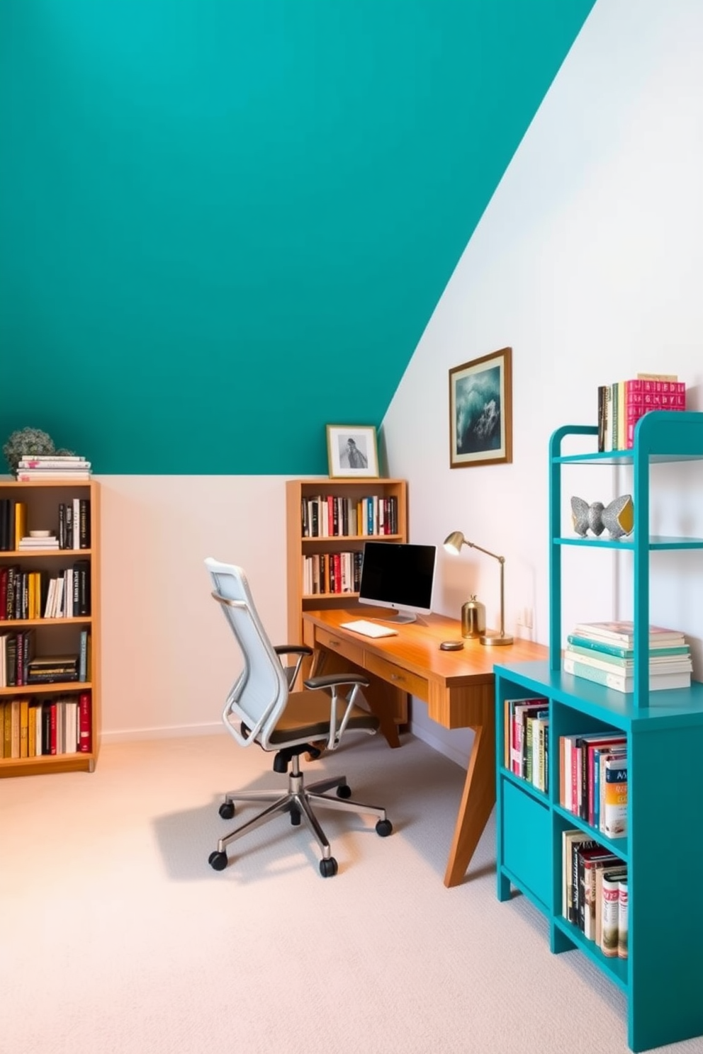 A vibrant accent wall painted in a bold teal color adds a striking focal point to the home study room. The remaining walls are adorned in a soft white hue, creating a bright and airy atmosphere for productivity. The study features a sleek wooden desk positioned against the accent wall, complemented by a comfortable ergonomic chair. A stylish bookshelf filled with colorful books and decorative items enhances the room's character while providing ample storage.