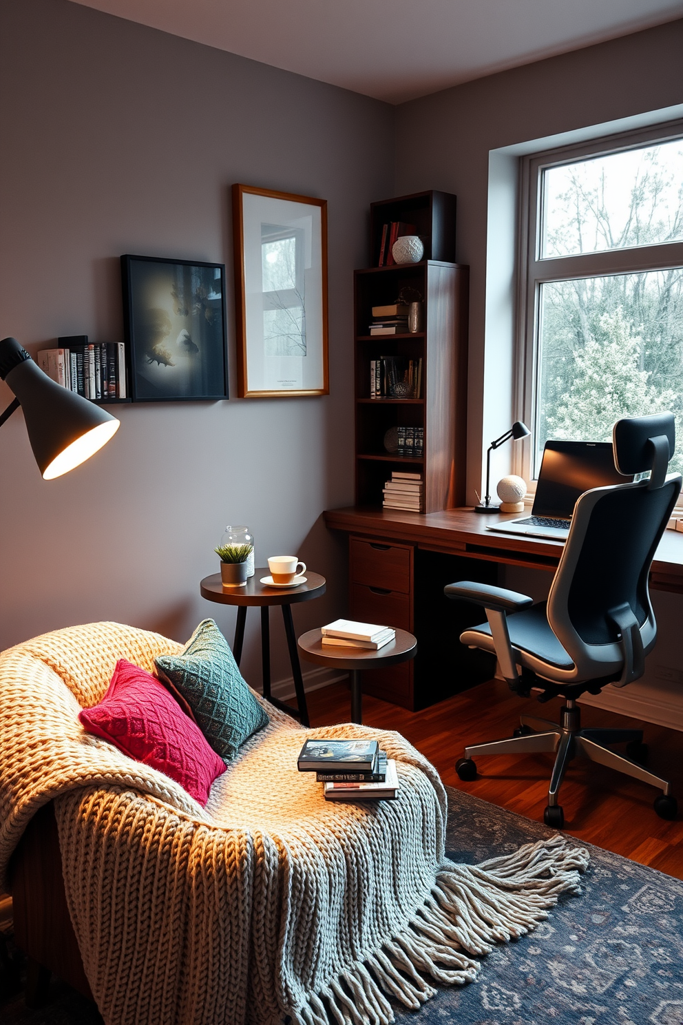 Cozy blanket corner for relaxation. A plush armchair sits in the corner, draped with a soft knitted blanket, surrounded by a collection of colorful throw pillows. A small side table holds a steaming cup of tea and a stack of books, while a warm floor lamp casts a gentle glow over the space. Home study room design ideas. A sleek wooden desk is positioned by a large window, providing ample natural light for work. Shelves filled with books and decorative items line the walls, and a comfortable ergonomic chair completes the setup, creating an inviting and productive environment.