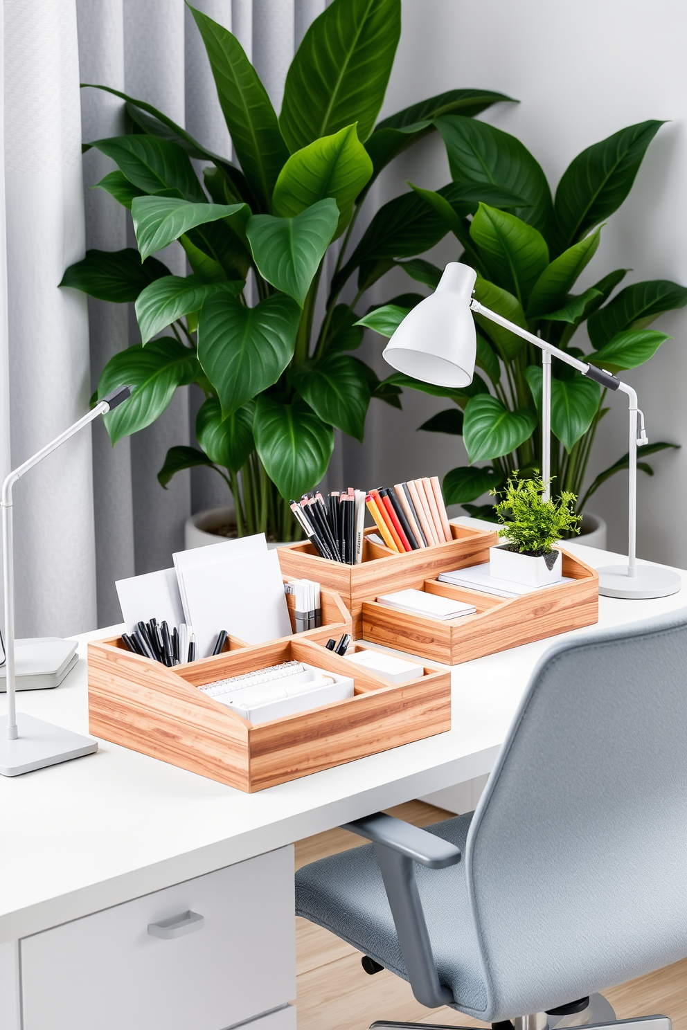 A stylish desk organizer set featuring a sleek wooden design with compartments for pens, papers, and stationery. The organizers are placed on a modern desk in a home study room, surrounded by lush indoor plants and a minimalist lamp. The study room is designed with a calming color palette of soft blues and whites. A comfortable ergonomic chair complements the desk, creating an inviting and productive workspace.