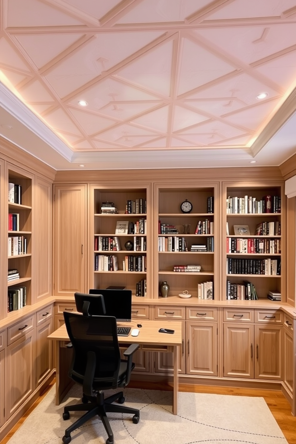 Artistic ceiling design for uniqueness. The ceiling features an intricate geometric pattern painted in soft pastels, creating a sense of depth and elegance. Home study room design ideas. The space includes a sleek wooden desk paired with a comfortable ergonomic chair, surrounded by built-in bookshelves filled with neatly organized books and decorative items.