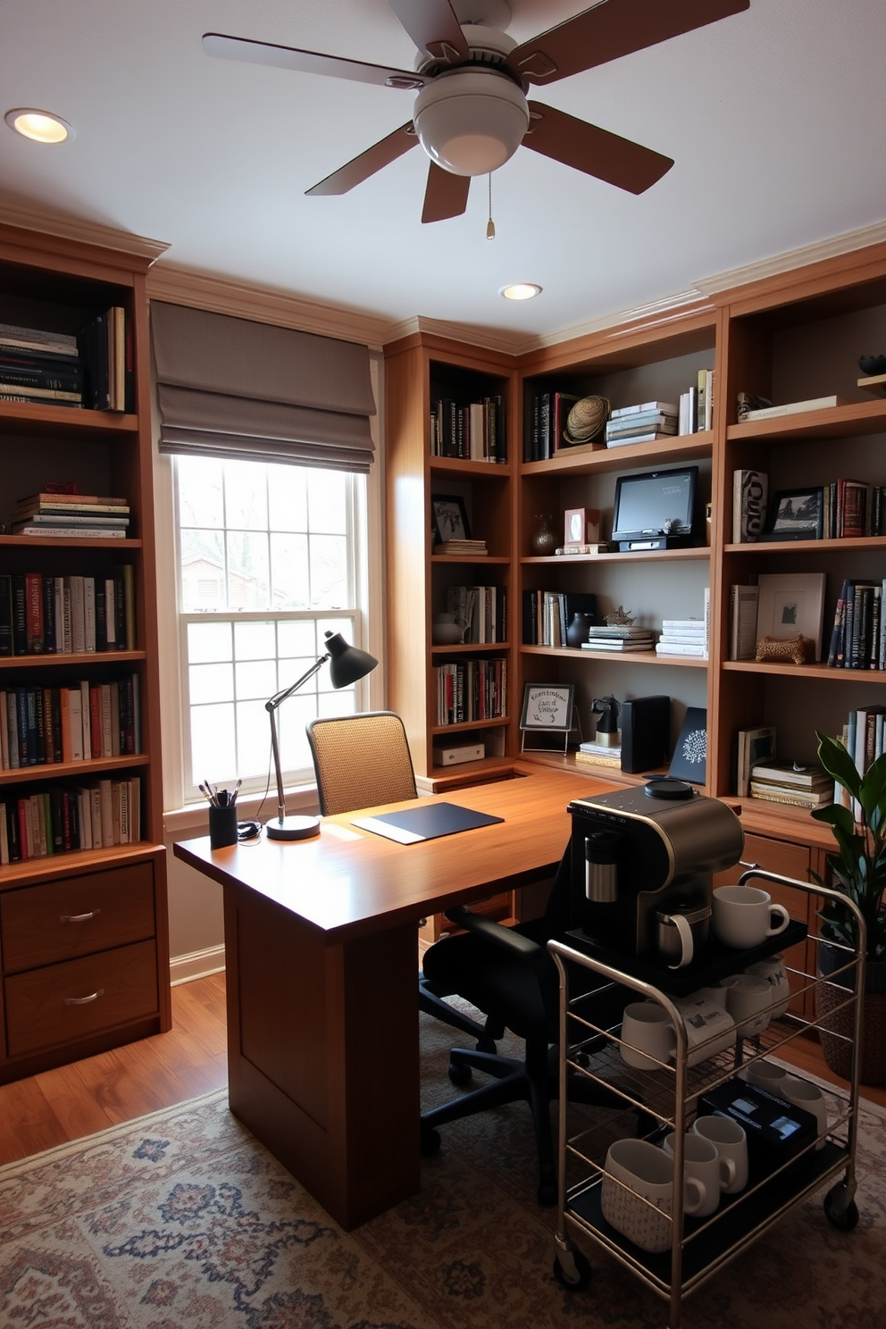 A cozy home study room featuring a small coffee station in the corner. The room is adorned with a large wooden desk facing a window, surrounded by bookshelves filled with neatly organized books and decorative items. Soft lighting from a stylish desk lamp illuminates the workspace, while a comfortable ergonomic chair offers support. The coffee station includes a sleek espresso machine on a small cart, complemented by a selection of mugs and a decorative plant for a touch of greenery.