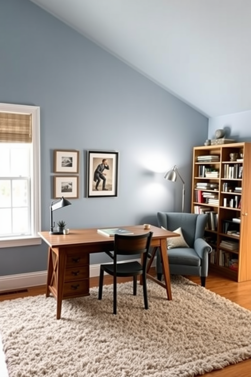 A cozy home study room featuring a large wooden desk positioned near a window that allows natural light to flood the space. The walls are painted a soft blue, and a plush area rug in neutral tones anchors the room. On the opposite wall, a series of framed artworks adds a personal touch, while a tall bookshelf filled with books and decorative items provides both storage and style. A comfortable armchair is nestled in the corner, creating a perfect reading nook, and a stylish floor lamp offers additional light for late-night work sessions.