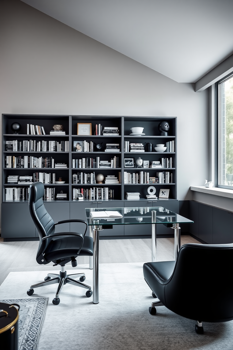 A sleek home study room featuring a minimalist desk with a glass top and chrome legs. Behind the desk, a wall of built-in shelves displays an array of books and decorative items in a monochromatic color scheme. The walls are painted in a soft gray, creating a calming atmosphere, while a large window allows natural light to flood the space. A comfortable ergonomic chair in black leather complements the modern aesthetic, and a stylish rug anchors the seating area.