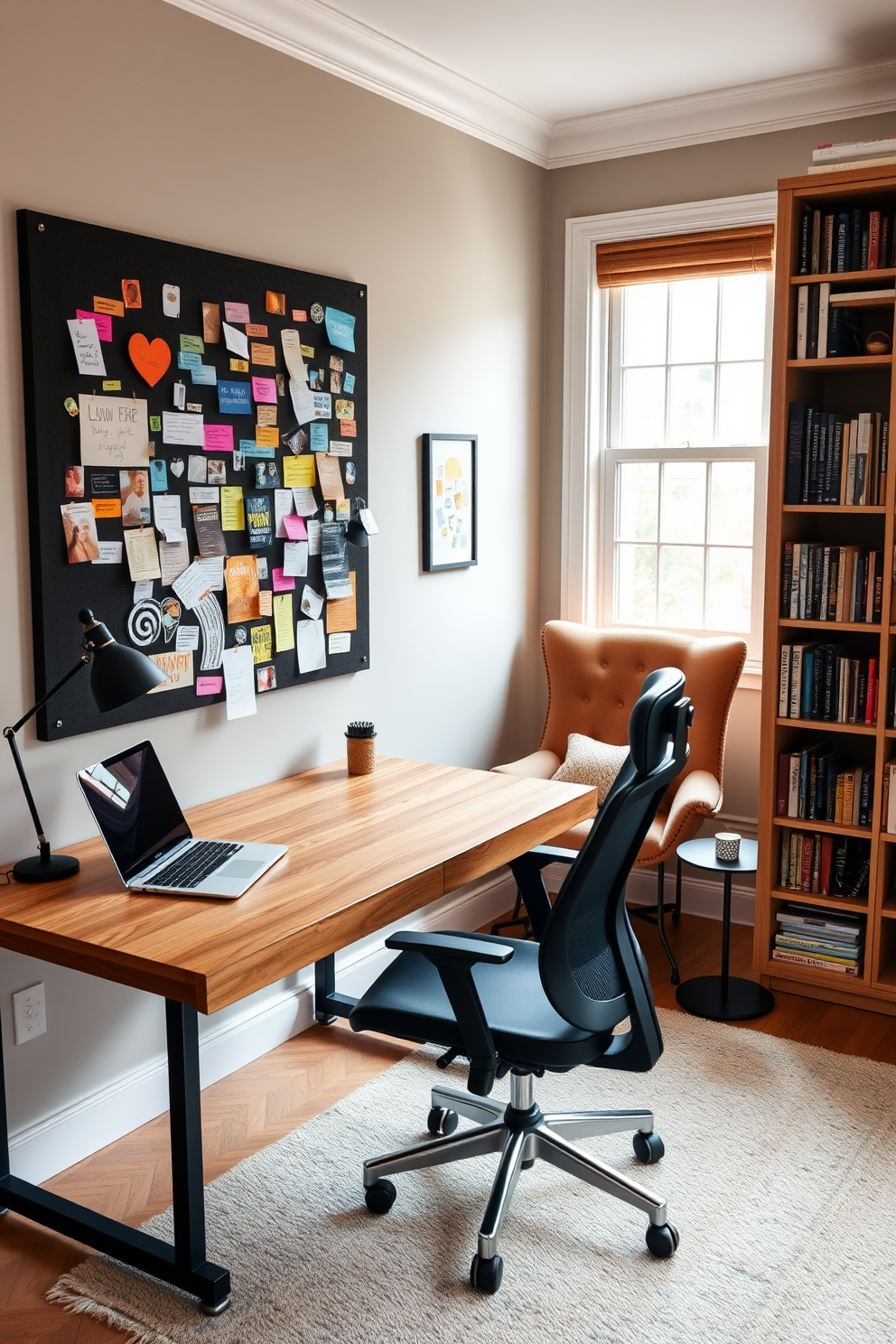 A stylish home study room featuring a large wooden desk with a sleek laptop and a comfortable ergonomic chair. The walls are adorned with a pinboard filled with colorful notes and inspiration, creating a vibrant and motivating workspace. To the right of the desk, a tall bookshelf is filled with neatly arranged books and decorative items. A cozy reading nook is set up by the window with a plush armchair and a small side table, perfect for enjoying a cup of coffee while reading.