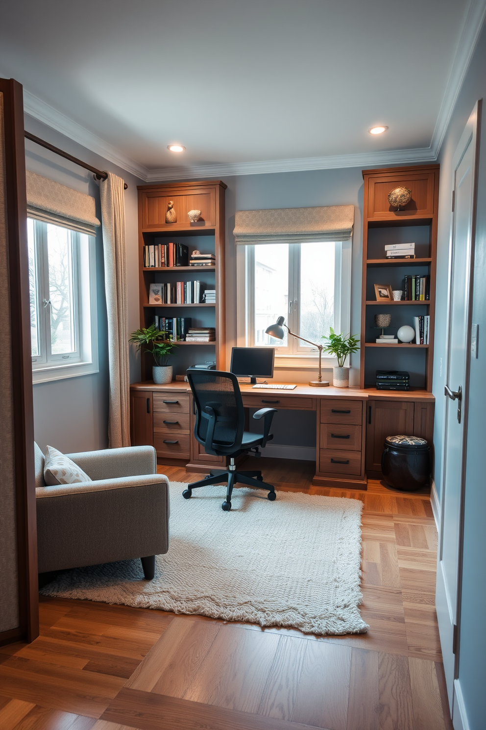 A cozy home study room designed for productivity and relaxation. The room features a large wooden desk positioned near a window, with a comfortable ergonomic chair and a stylish desk lamp. On the wall behind the desk, there are built-in shelves filled with books and decorative items. A soft area rug lies under the desk, and a potted plant adds a touch of greenery to the space. To the side, a comfortable reading nook is created with a plush armchair and a small side table. The walls are painted in a calming light blue, enhancing the serene atmosphere of the study. Decorative dividers are strategically placed to create privacy while maintaining an open feel. The lighting is warm and inviting, with a mix of overhead fixtures and task lighting to ensure the perfect ambiance for studying.